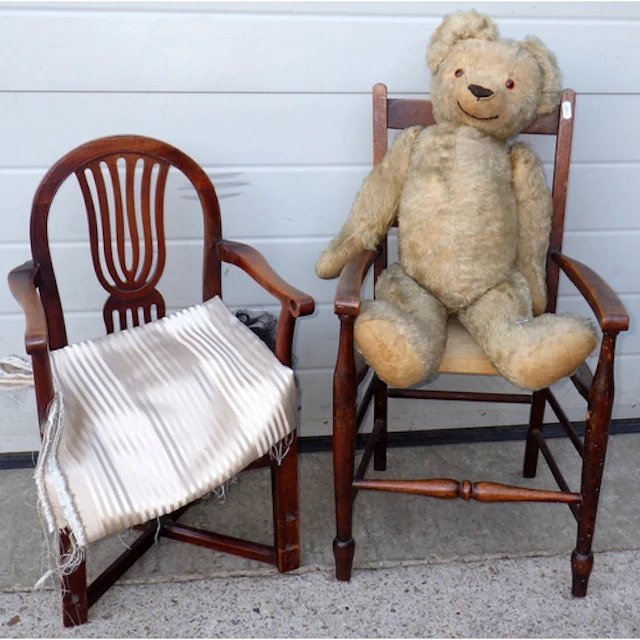 Two child's chairs and a vintage teddy bear (a/f)