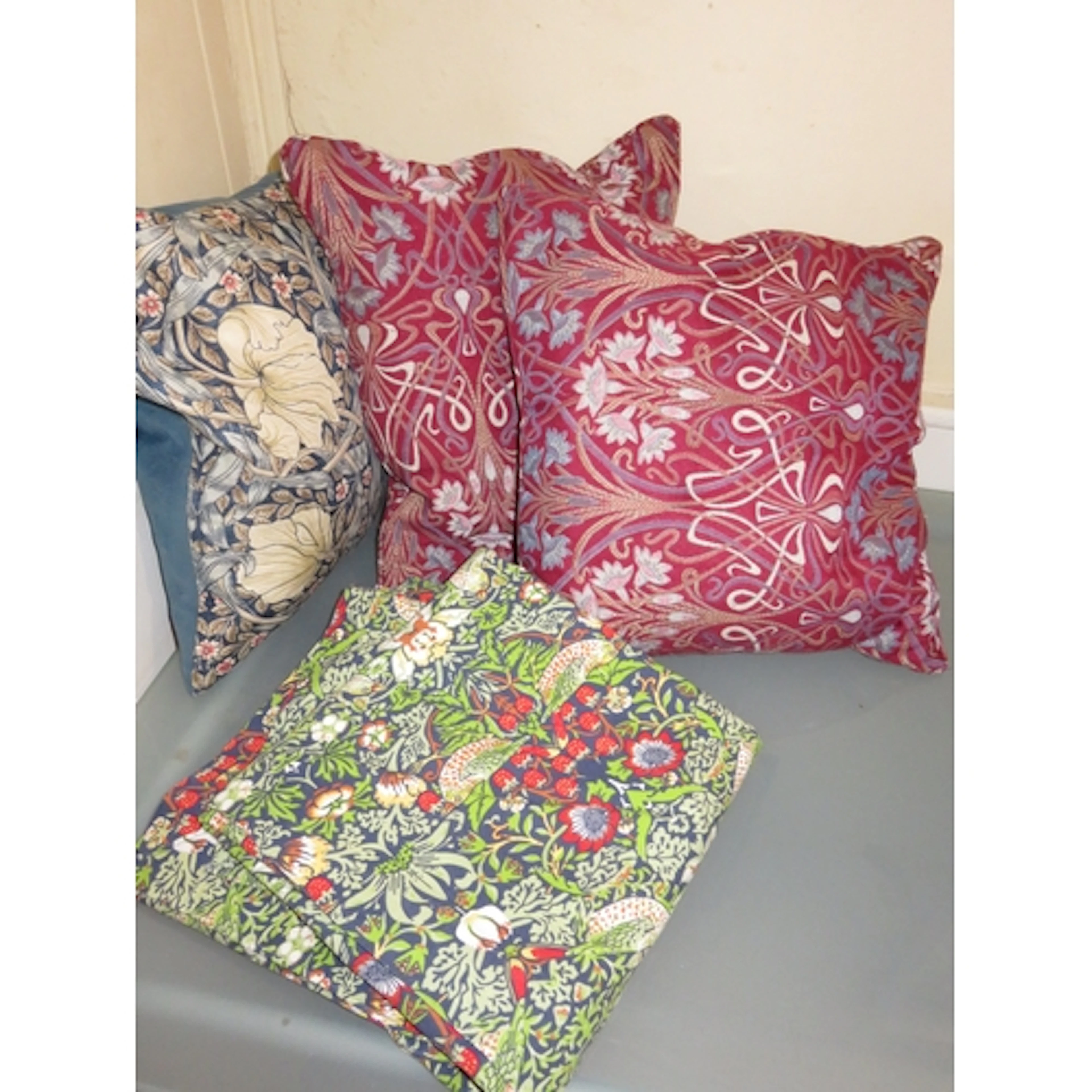 Pair of Morris Strawberry Thief pattern curtains, 48 x 48", ...