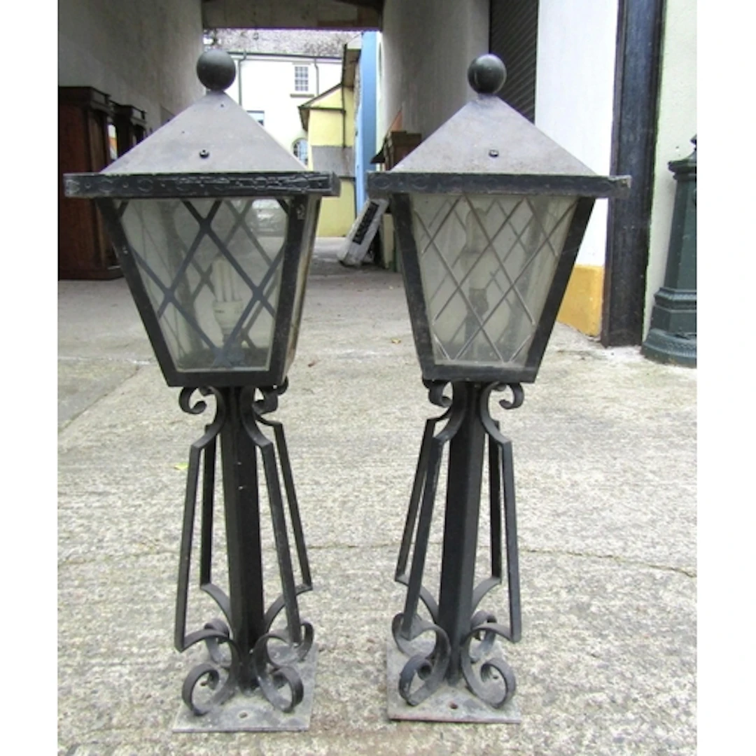 Pair of Wrought Metal Pillar Lanterns Electrified Working Or...