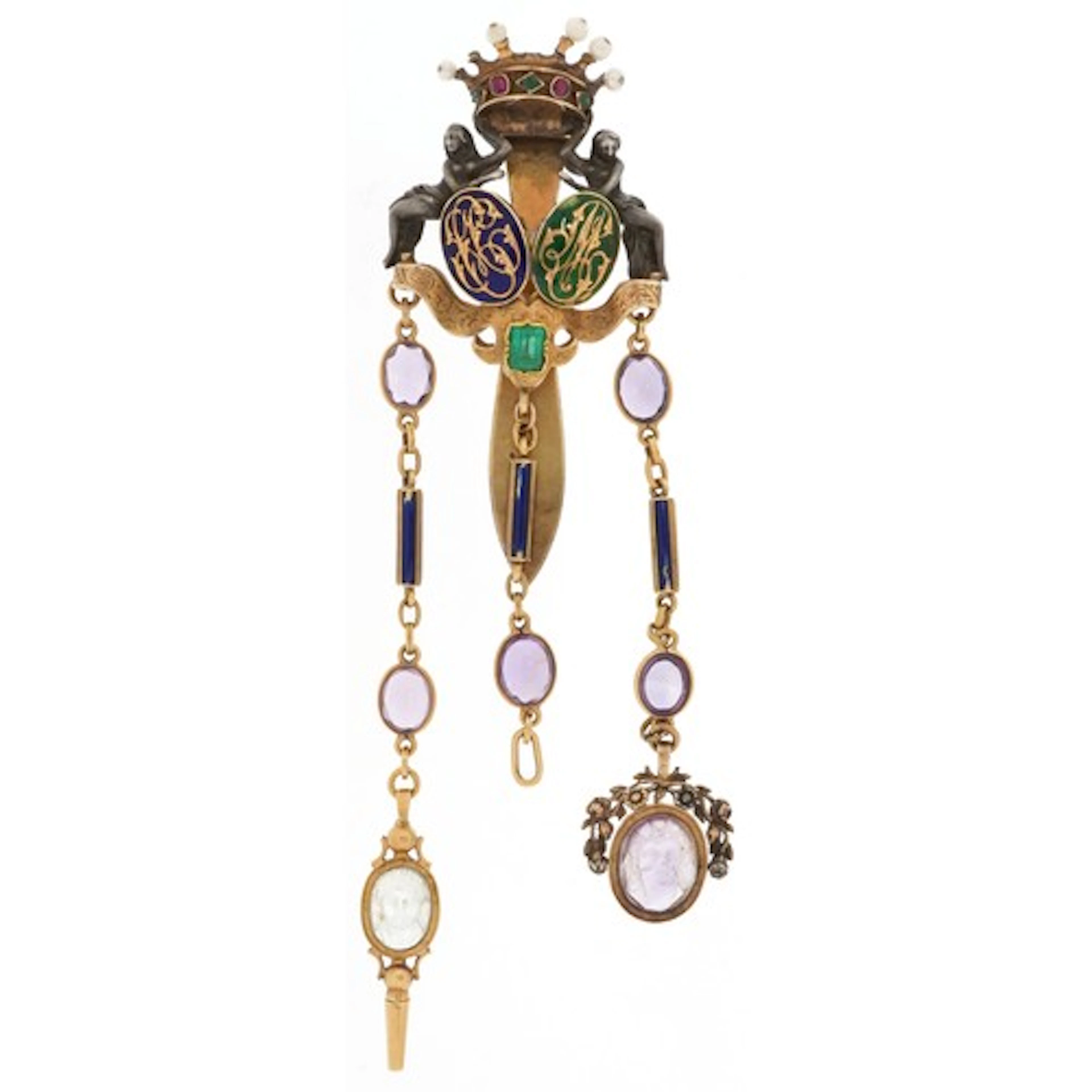 Antique continental silver gilt and enamel chatelaine set wi...