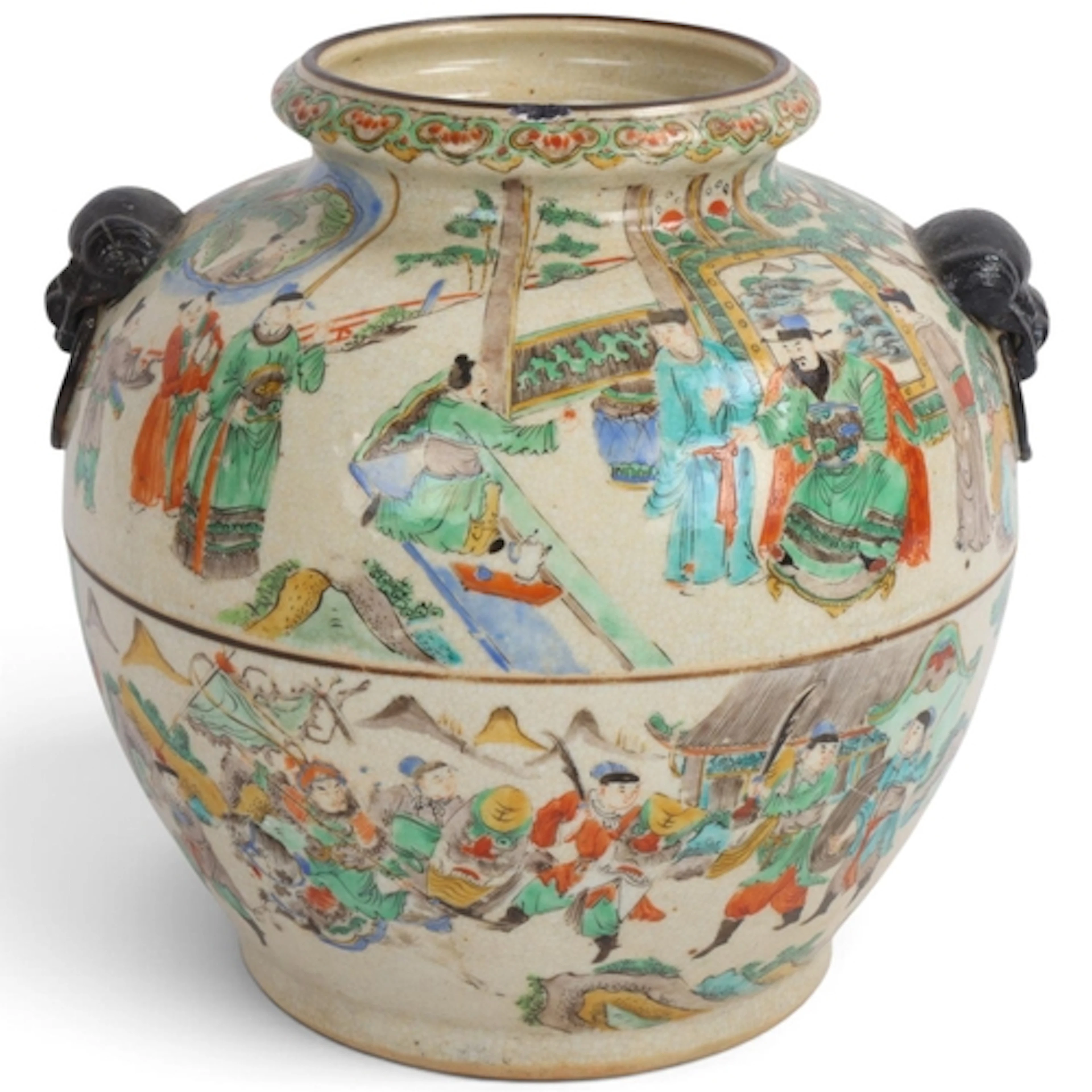 An antique Chinese Famille Vert jar, with enamel court scene...