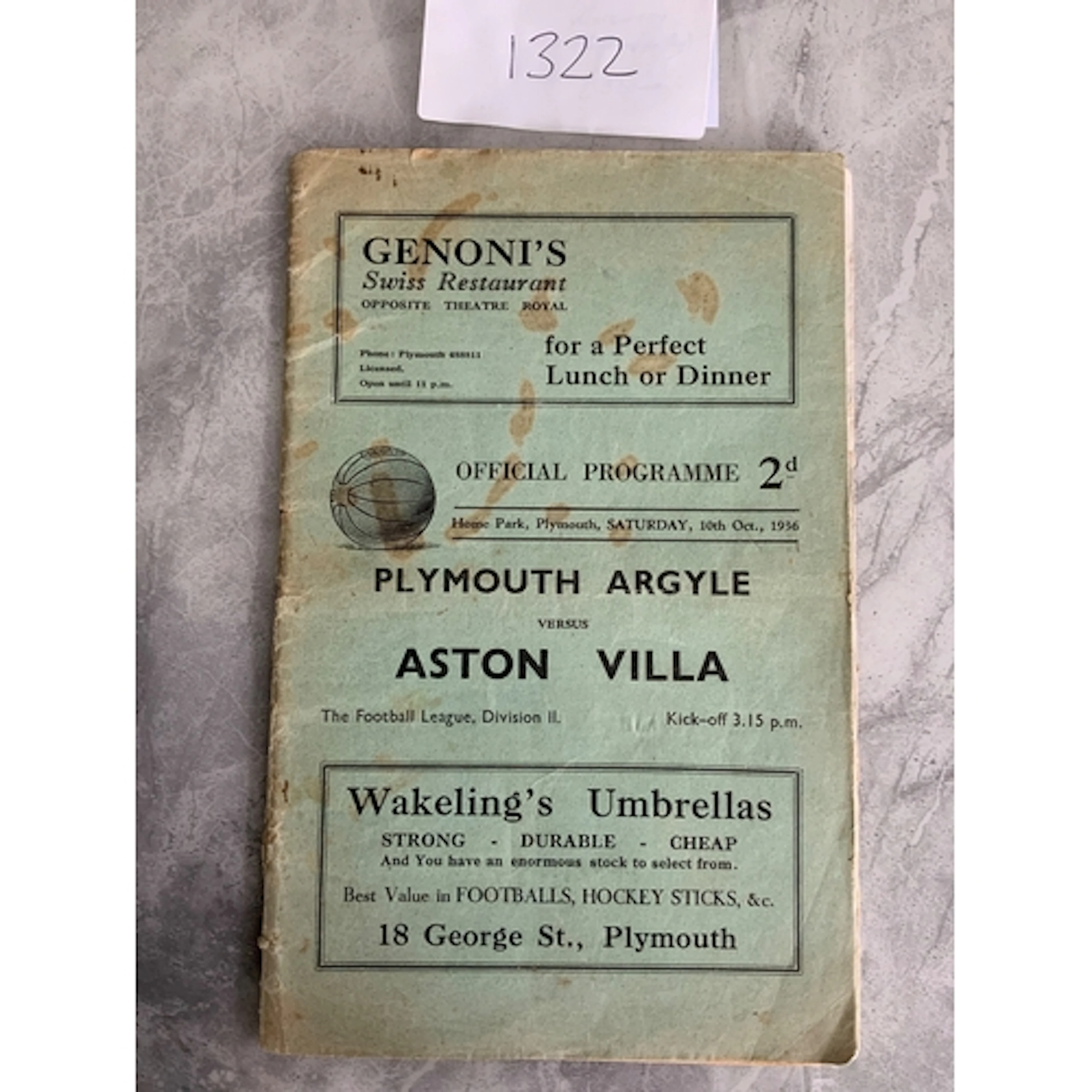 36/37 Plymouth v Aston Villa Football Programme: Division tw...