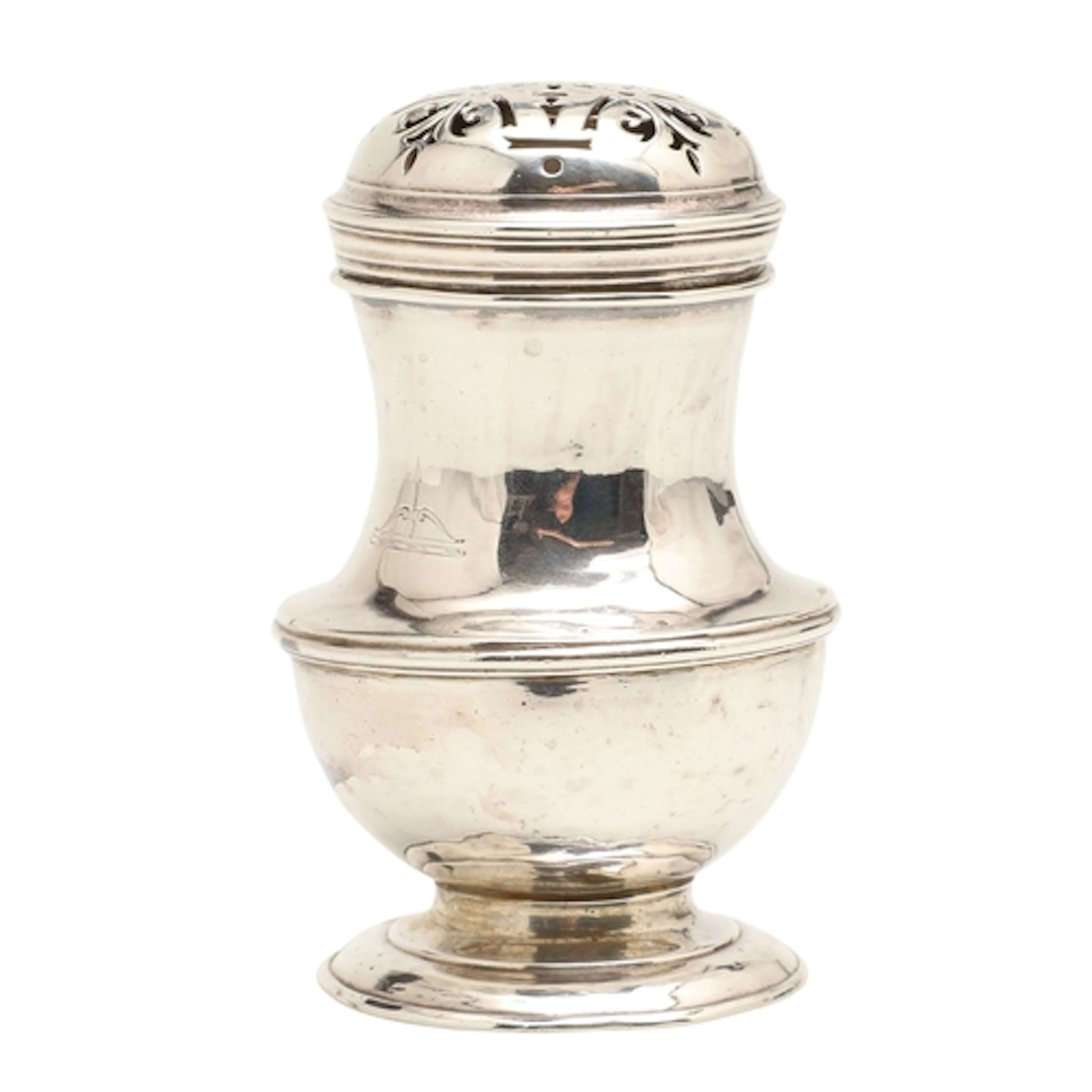 A GEORGE I SILVER MUFFINEER. Of baluster form with pull off ...