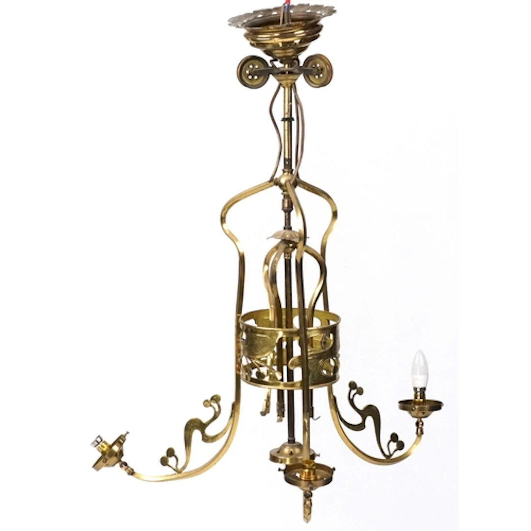 Large Arts & Crafts brass rise and fall three branch chandel...