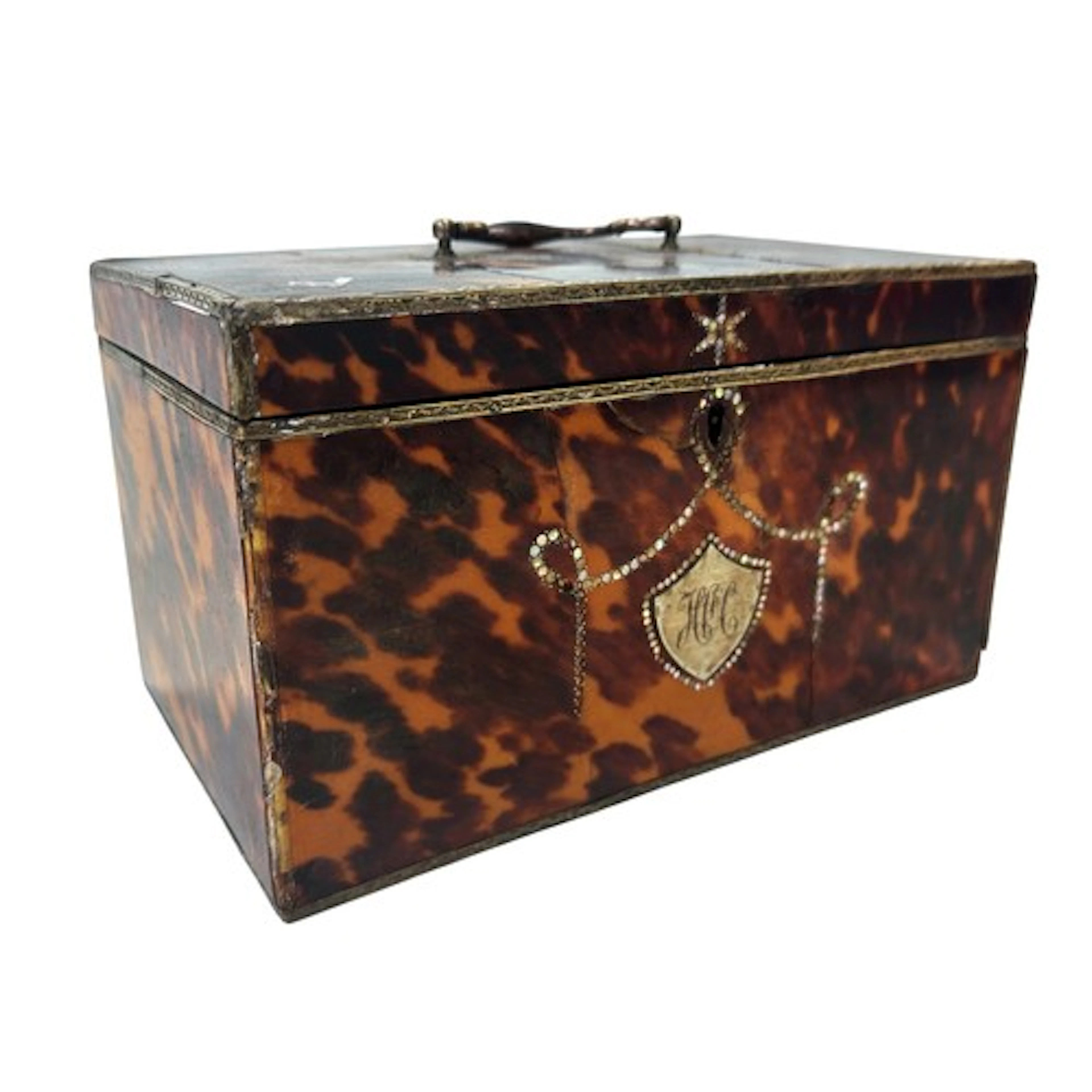 Early 19th century tortoiseshell veneered tea caddy with hin...