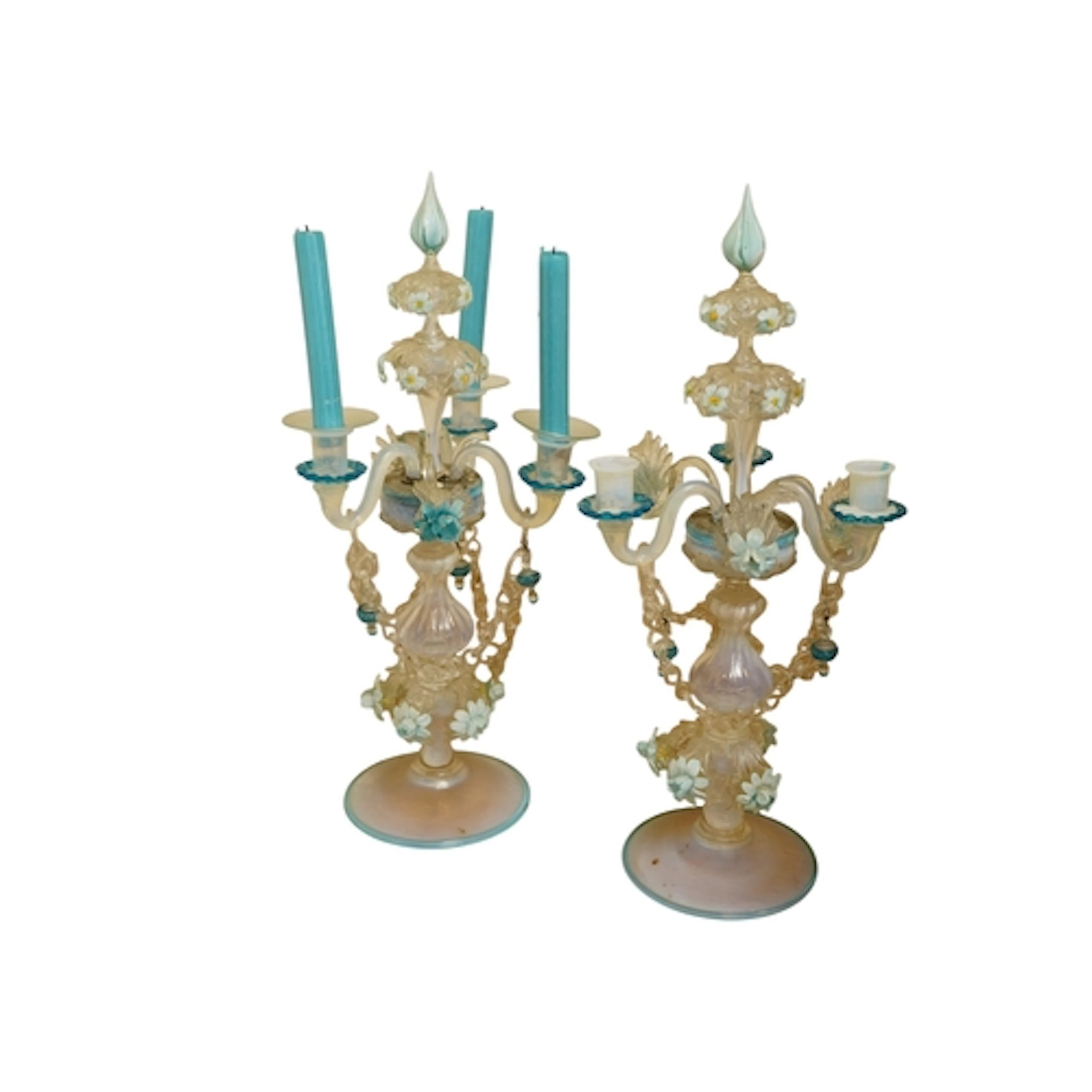 A pair of Venetian Murano glass three branch candelabra with...
