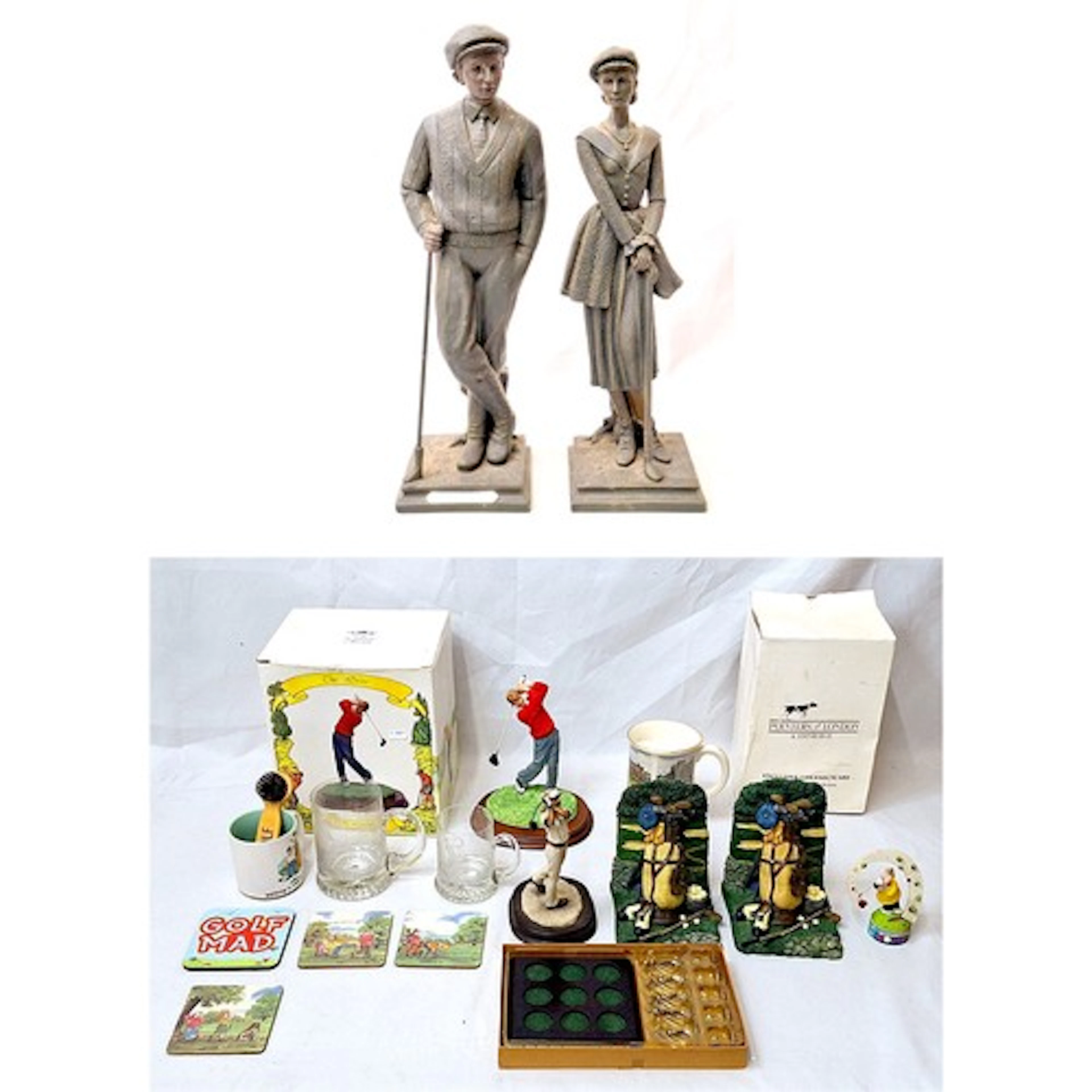 2 Composition Figurines of Male & Female Golfers in vintage ...