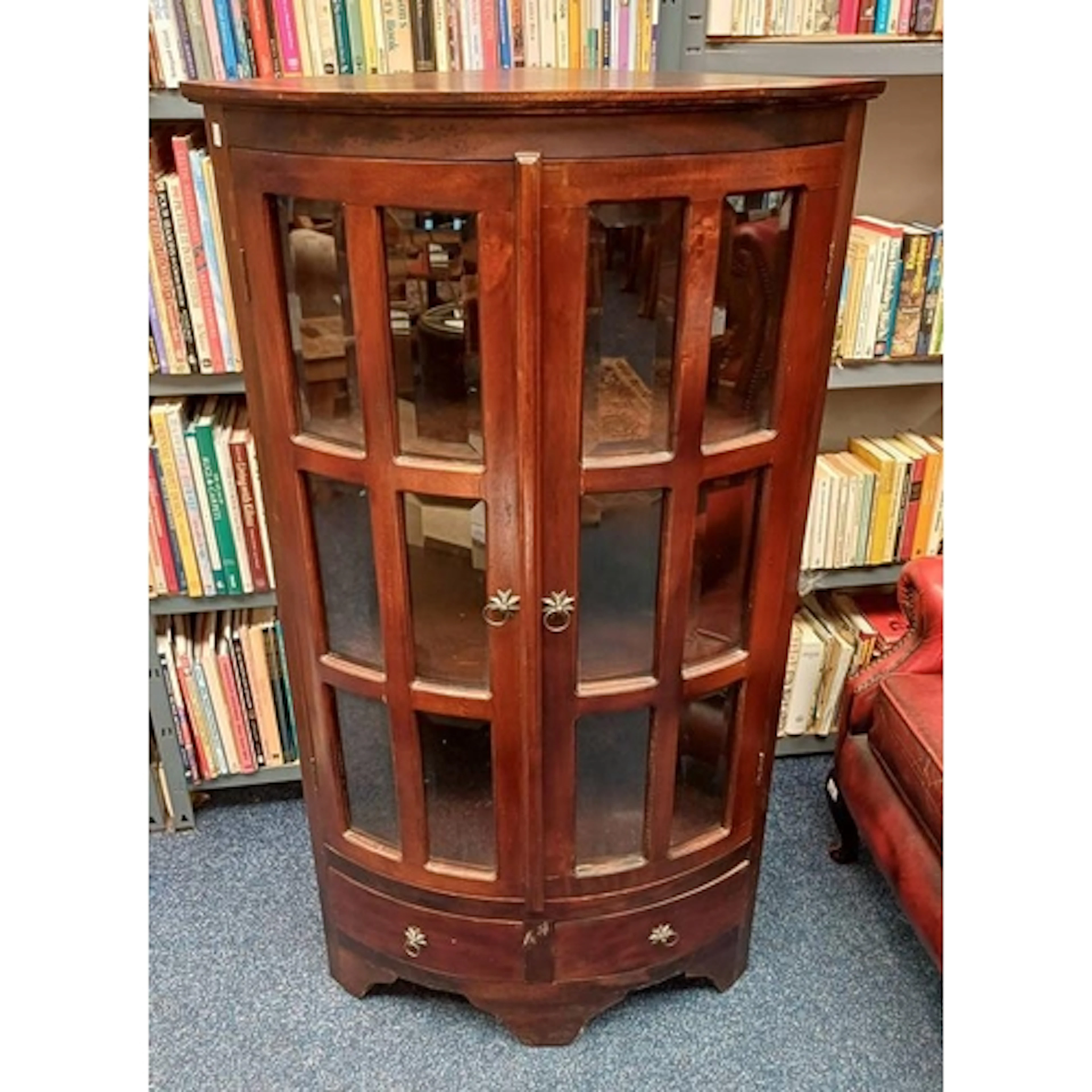 HARDWOOD CORNER CABINET WITH 2 GLAZED PANEL DOORS OVER 2 DRA...