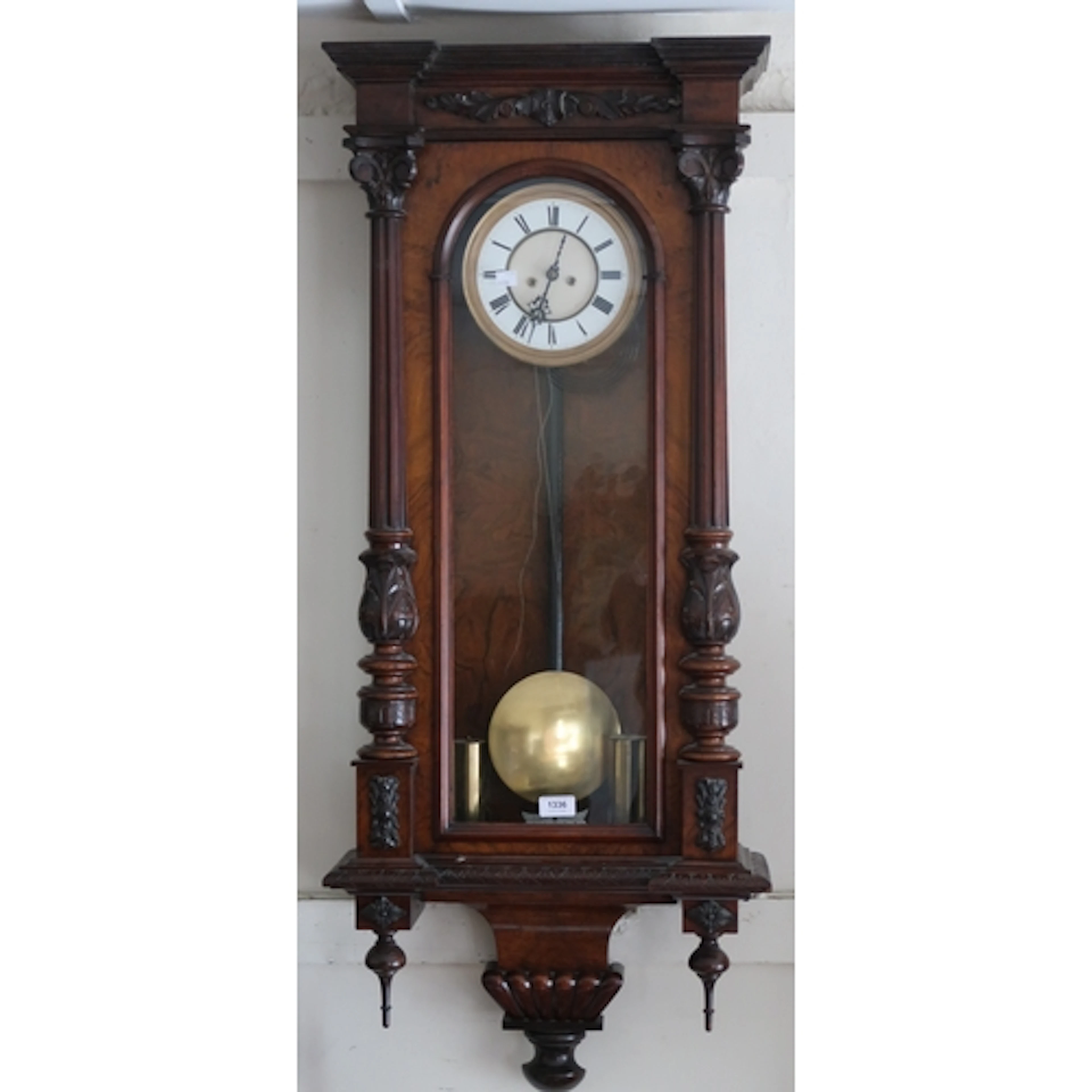 19th Century walnut Vienna wall clock, with a shaped pedimen...