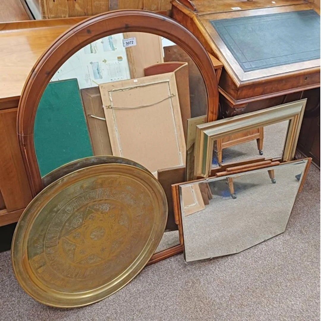PINE OVERMANTLE MIRROR, EASTERN BRASS ETCHED TRAY, ETC