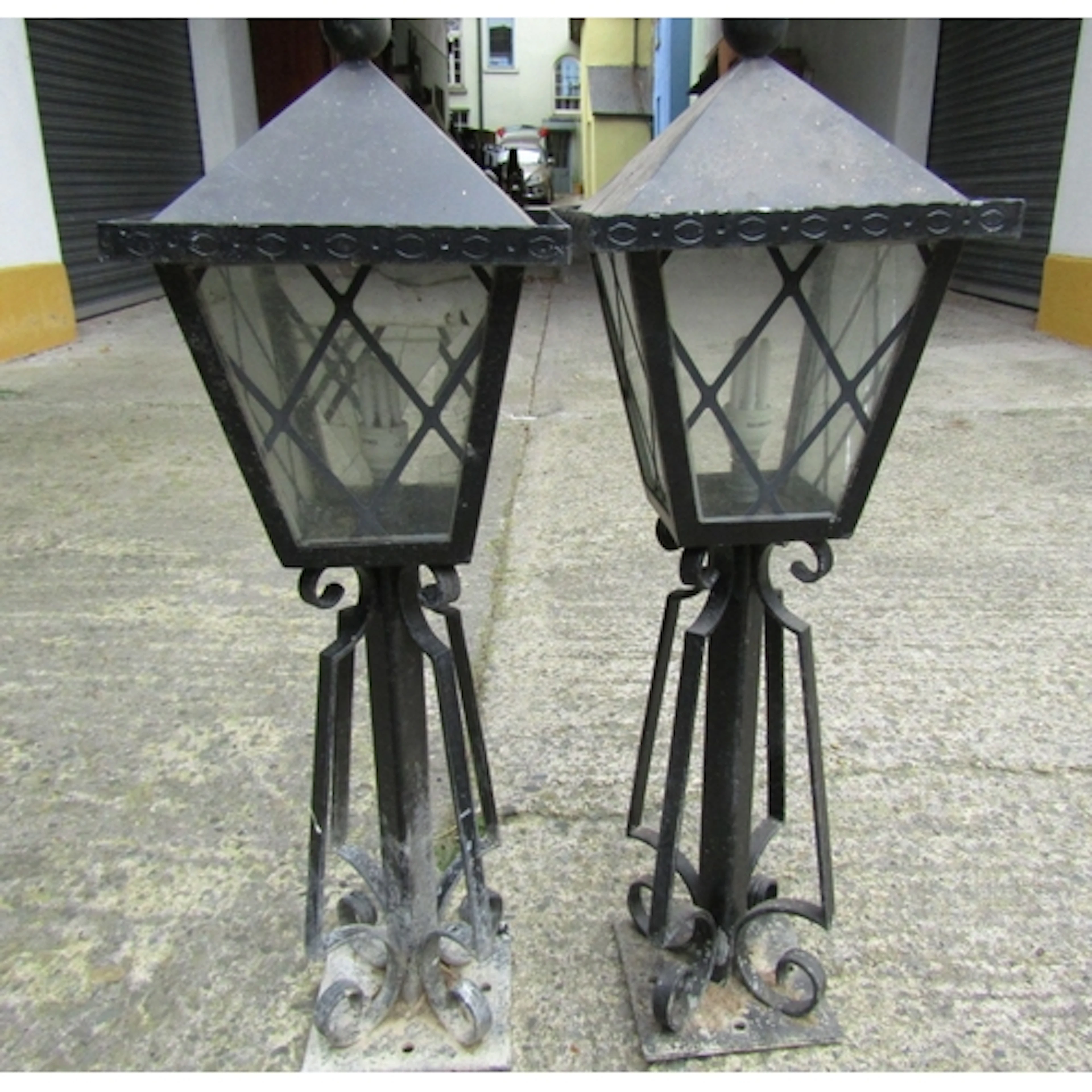 Pair of Wrought Metal Pillar Lanterns Electrified Working Or...