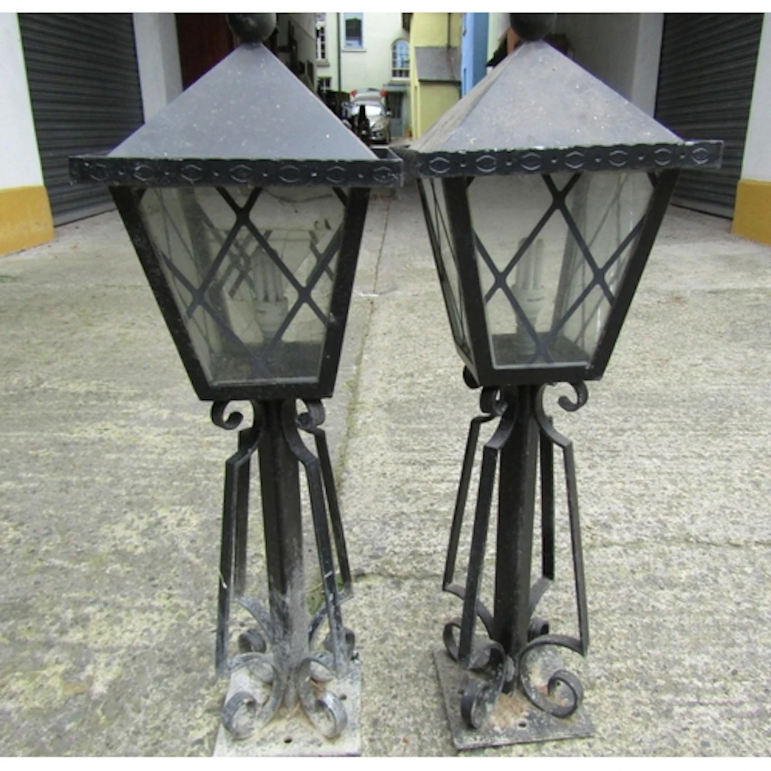Pair of Wrought Metal Pillar Lanterns Electrified Working Or...