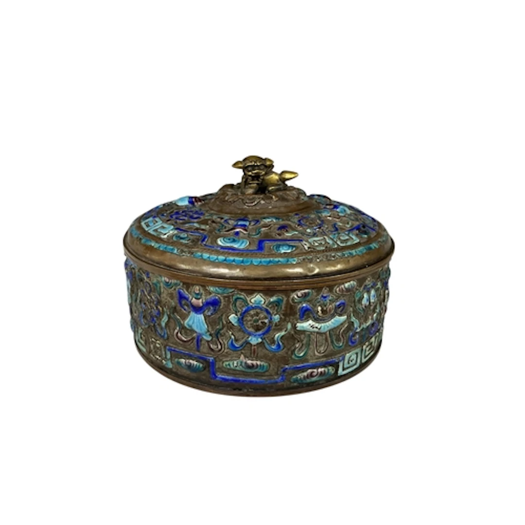 A Chinese enamelled copper circular box with lion dog finial...