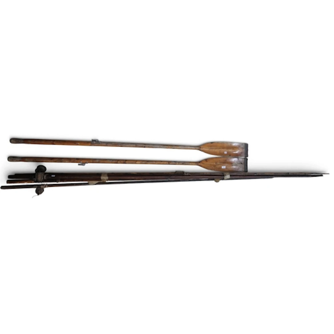 A pair of varnished pine oars, approx. 213cm in length; toge...