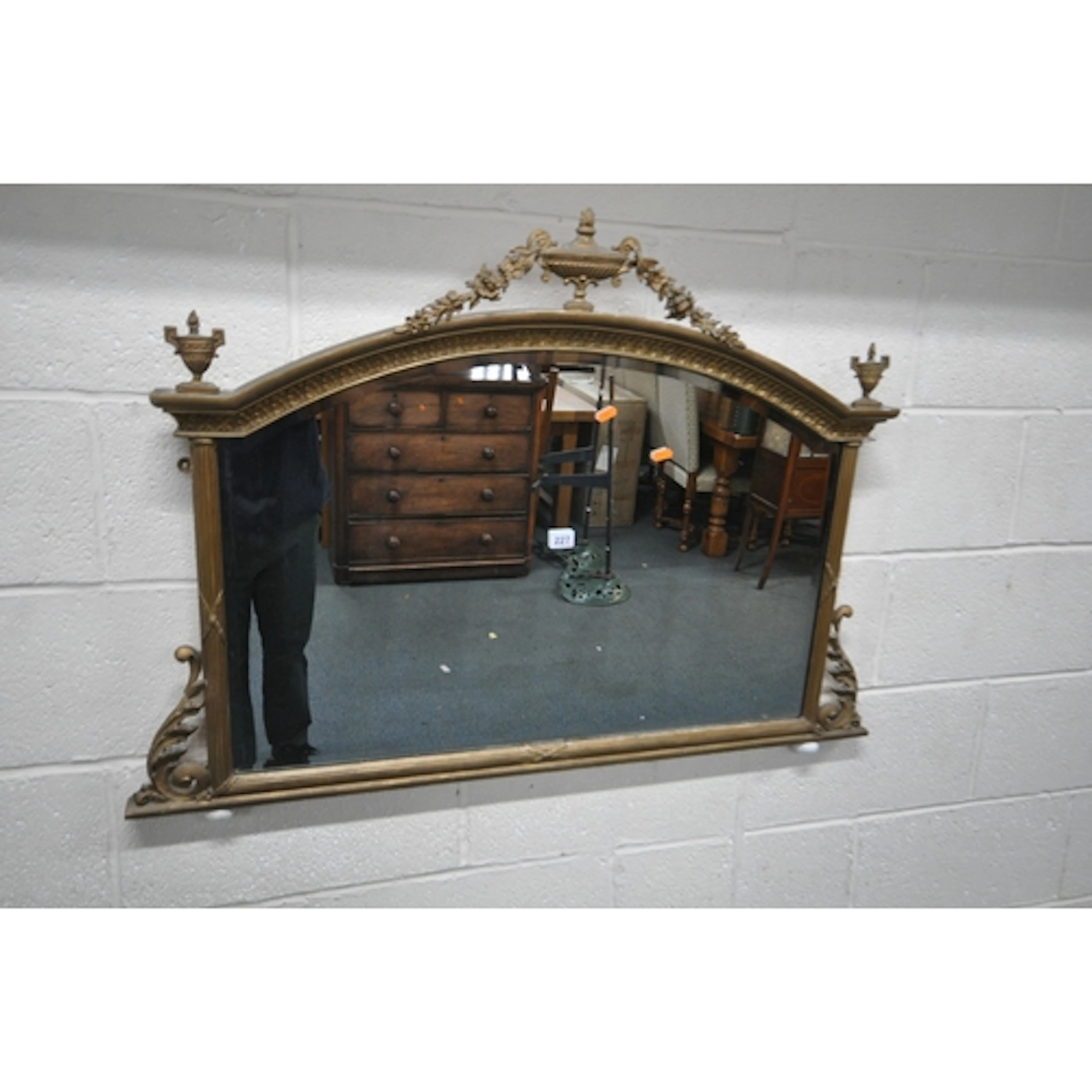 A GILT WOOD NEOCLASSICAL ADAM STYLE OVERMANTEL MIRROR, with ...