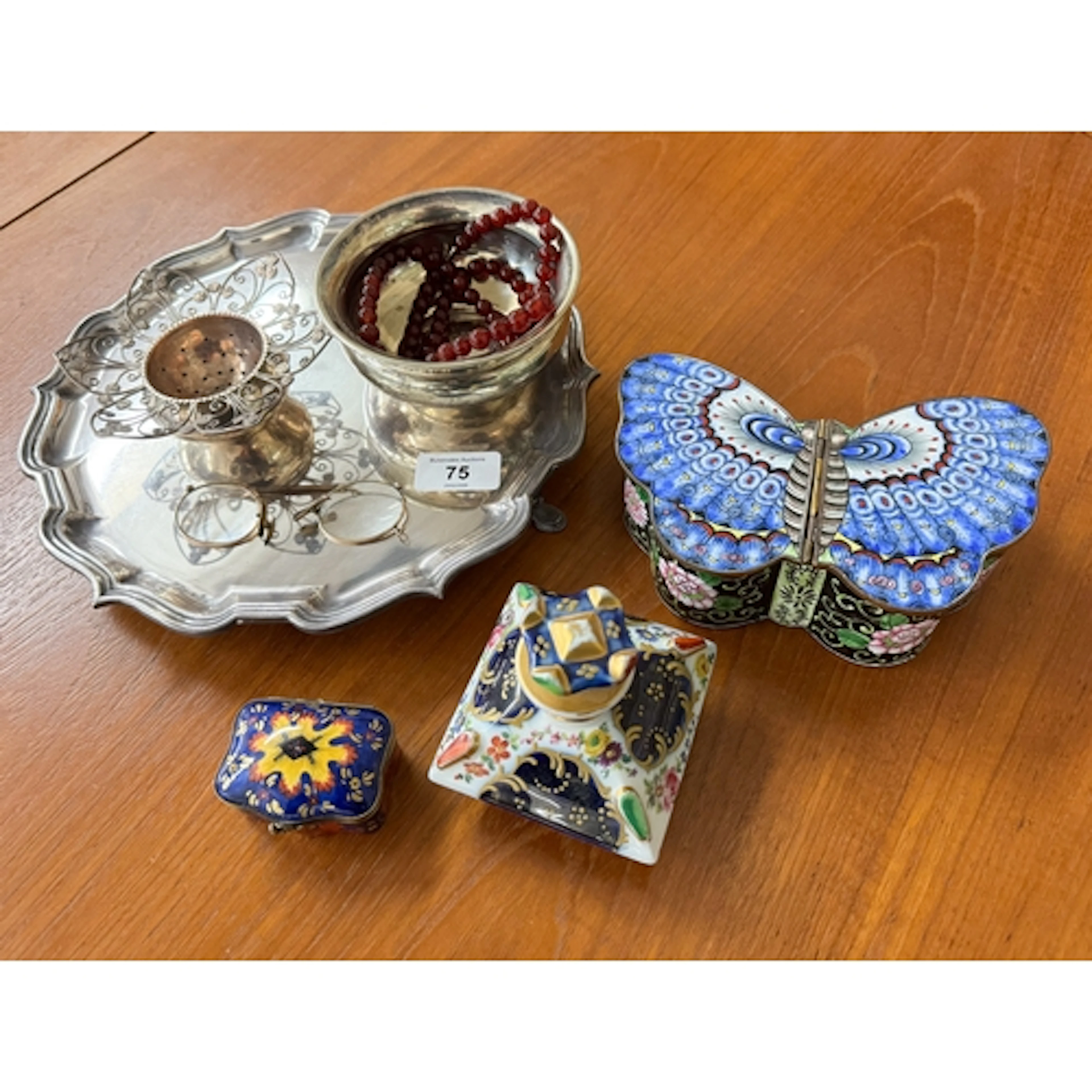A silver plated salver together with a large butterfly shape...
