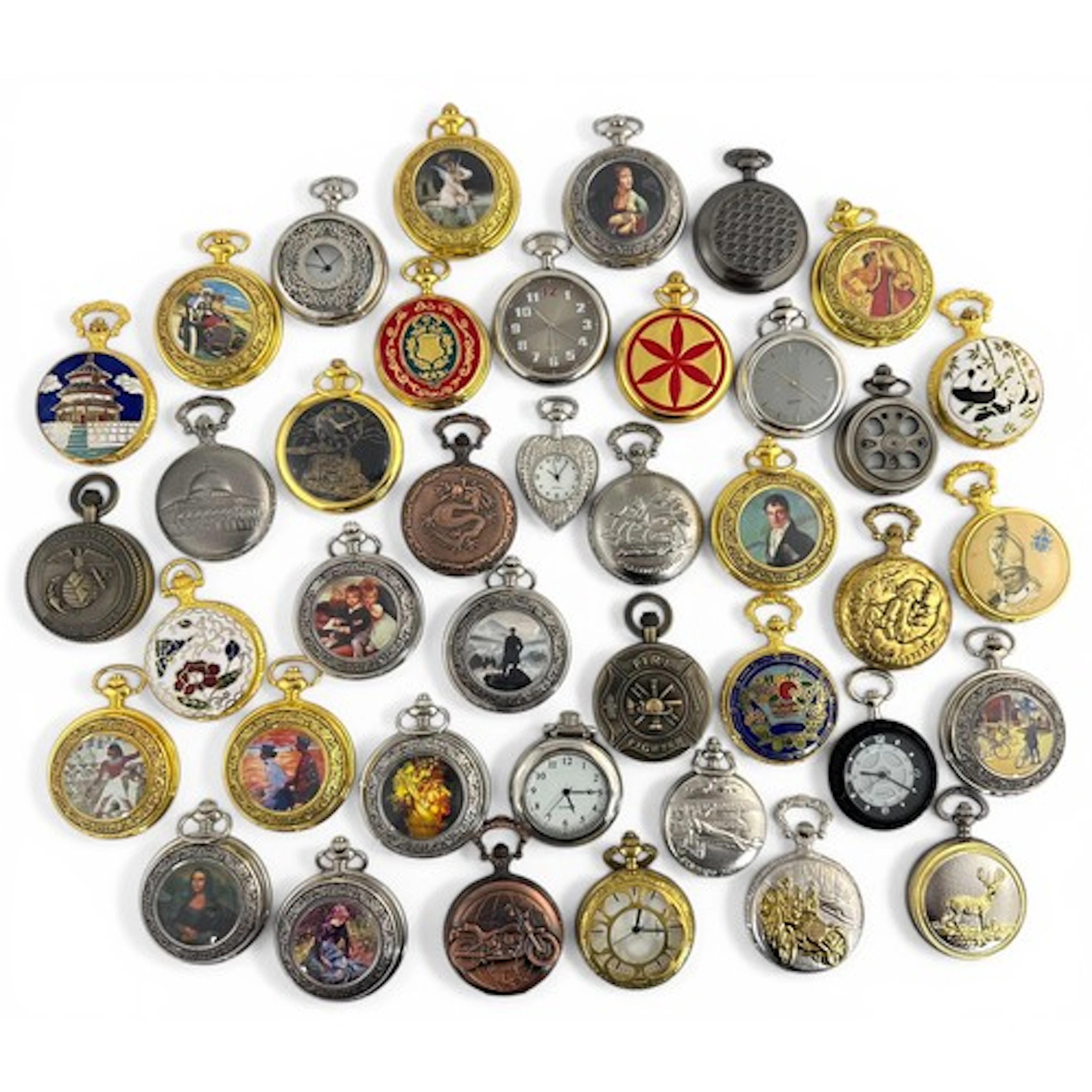 A large collection of quartz pocket watches, many with ename...