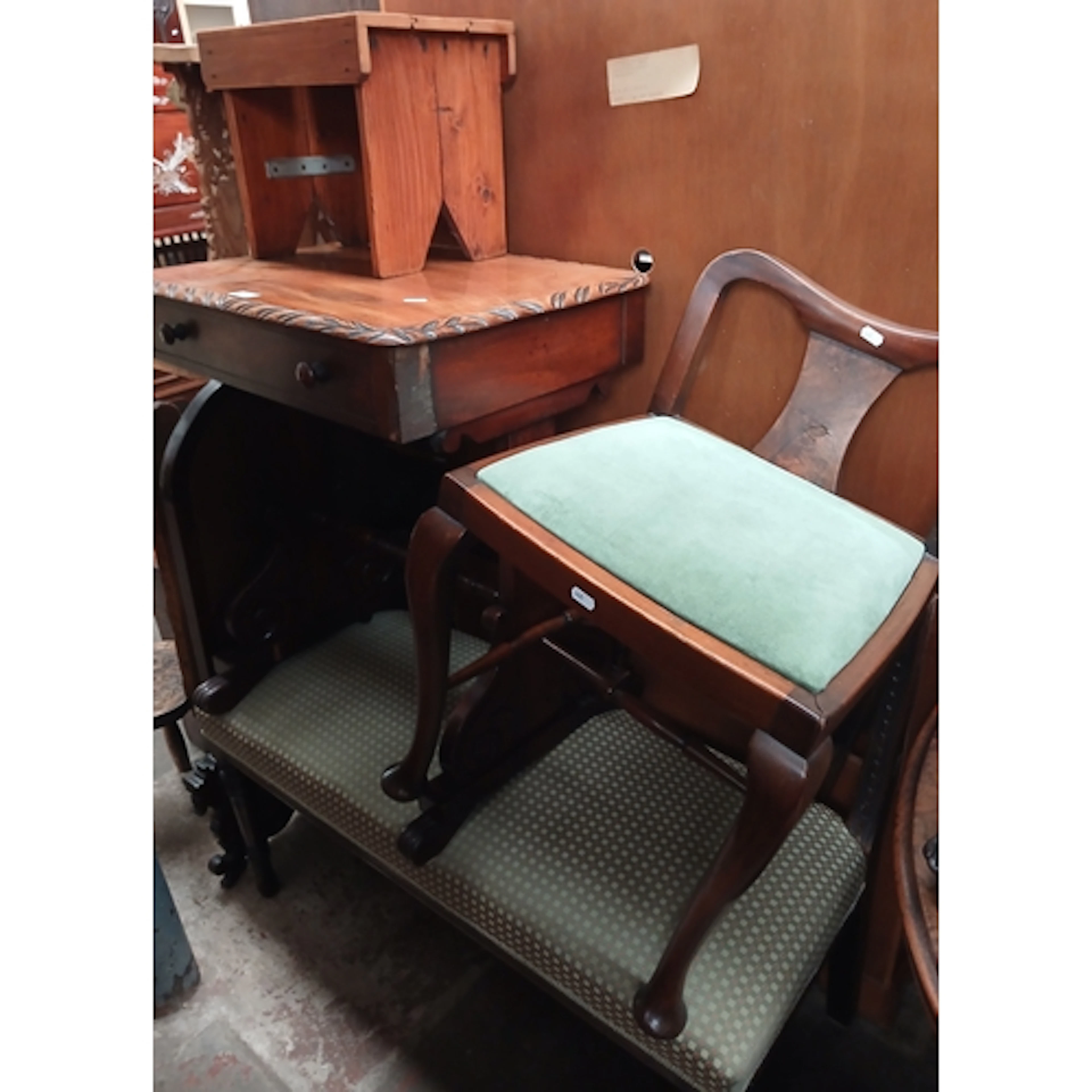 A mixed lot of antique furniture comprising a duet piano sto...