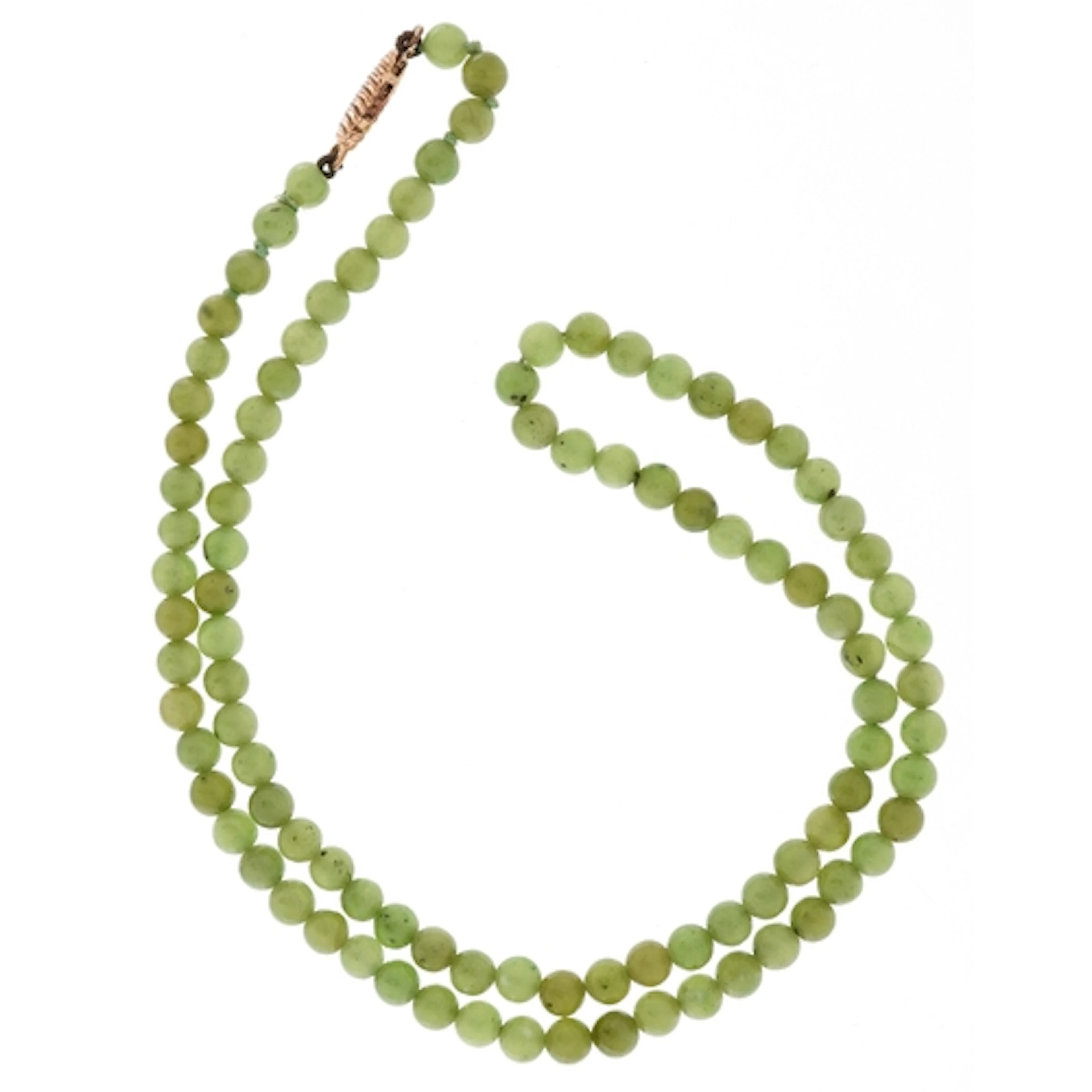 Chinese green stone bead necklace with 9ct gold clasp, each ...