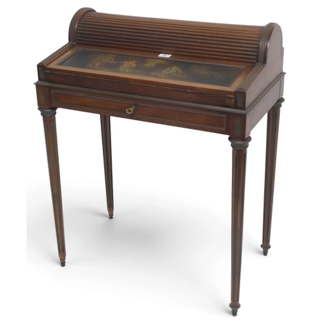 A 20th century walnut ladies writing desk with tambour stati...