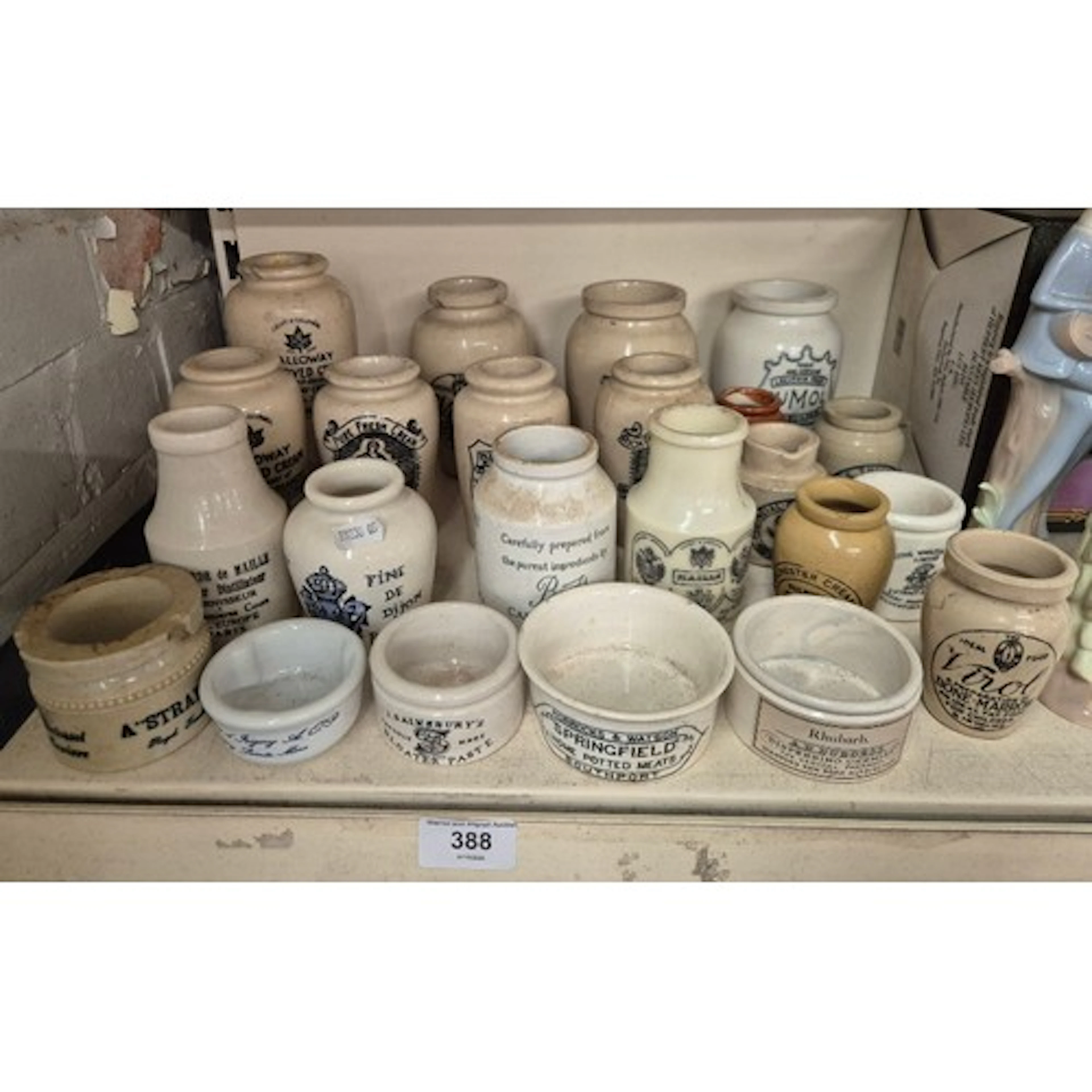 A collection of stone ware jars, all bearing labels of conte...