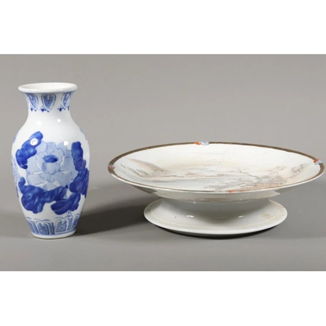 Japanese eggshell dish decorated with traditional scenes, an...