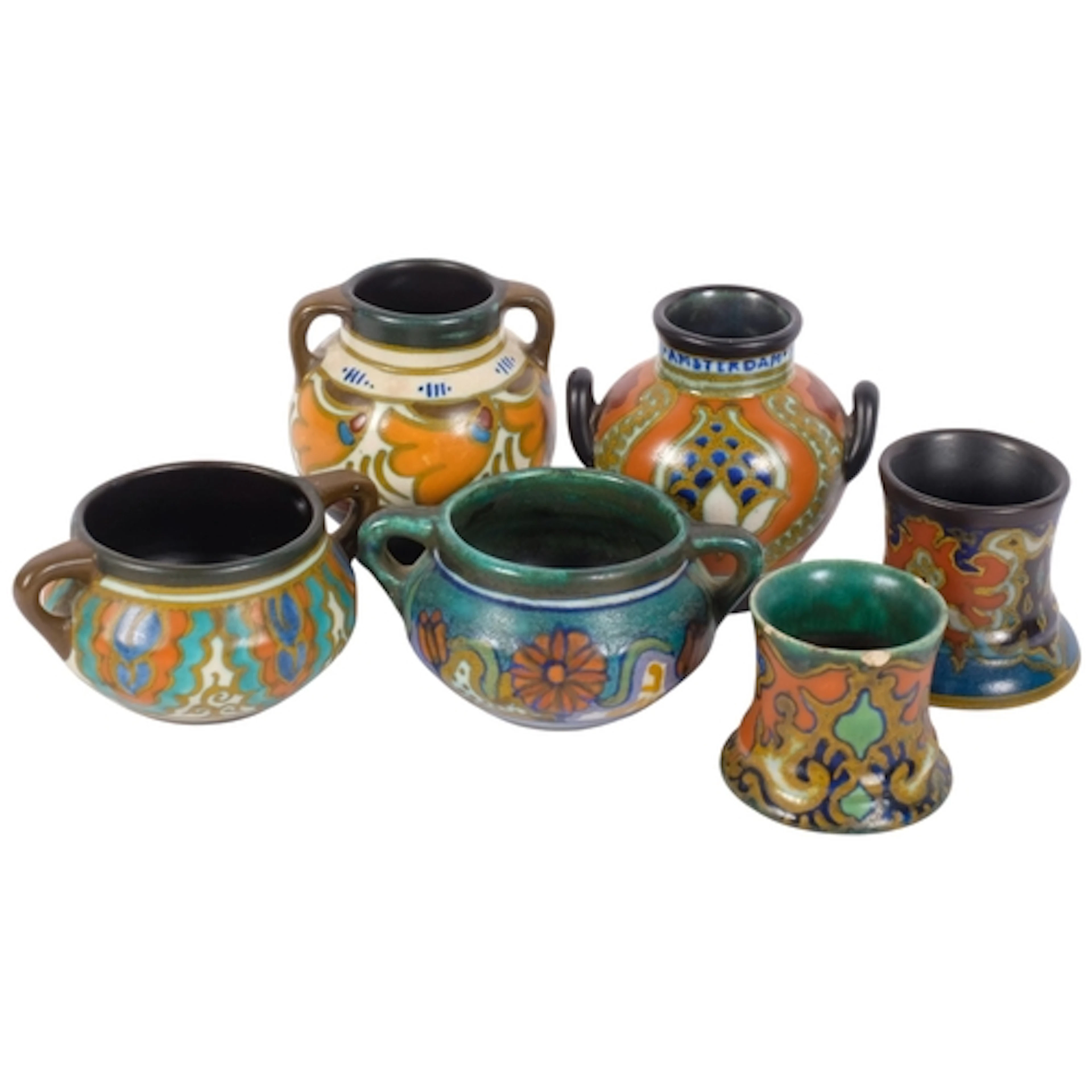 A group of 6 small Dutch Gouda and rhodian vases, with paint...