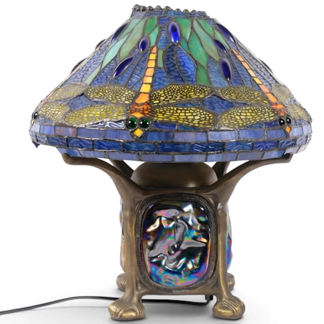A modern Tiffany style table lamp, with leadlight dragonfly ...