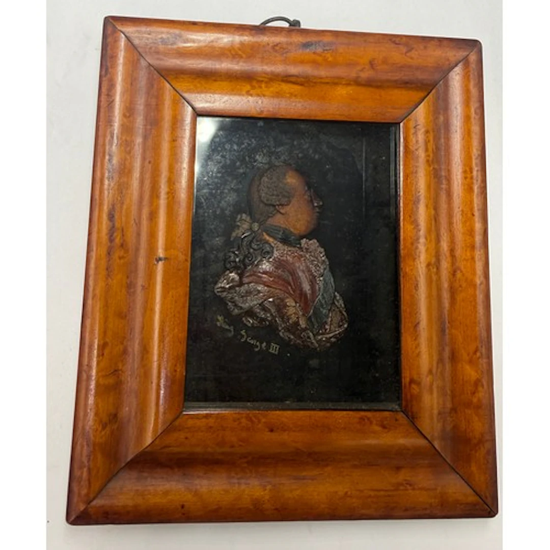 A wax miniature portrait of king George III in a burr maple ...