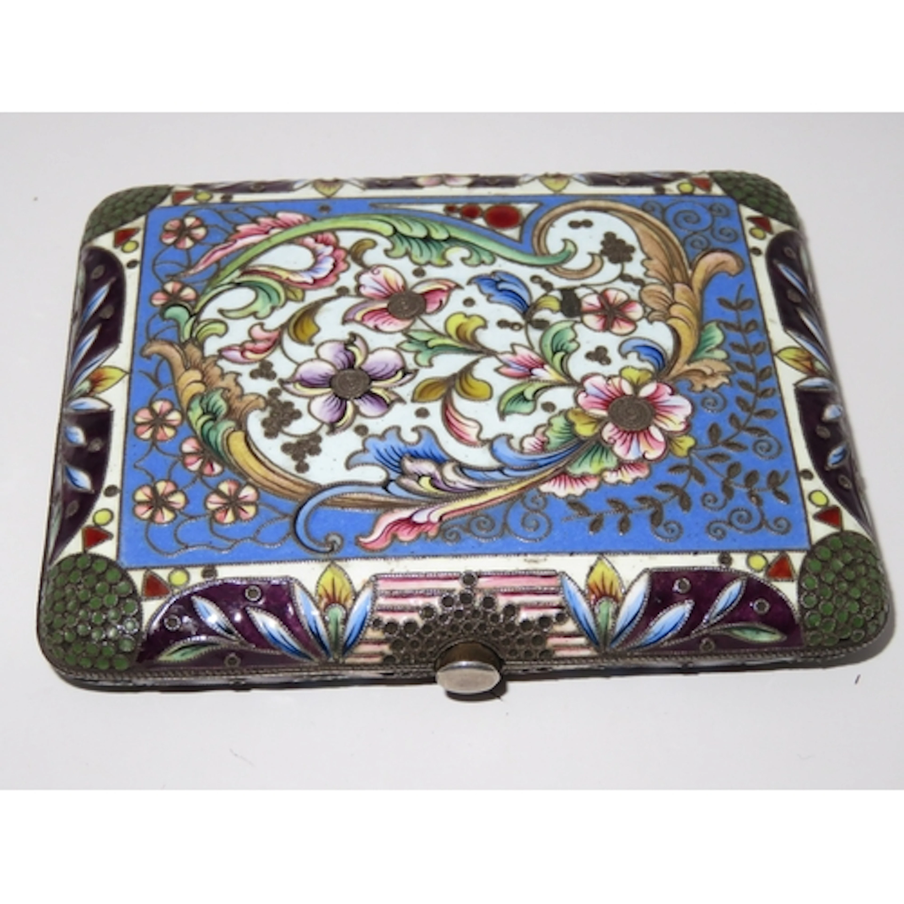 Russian silver and enamel decorated cigarette case, the fron...