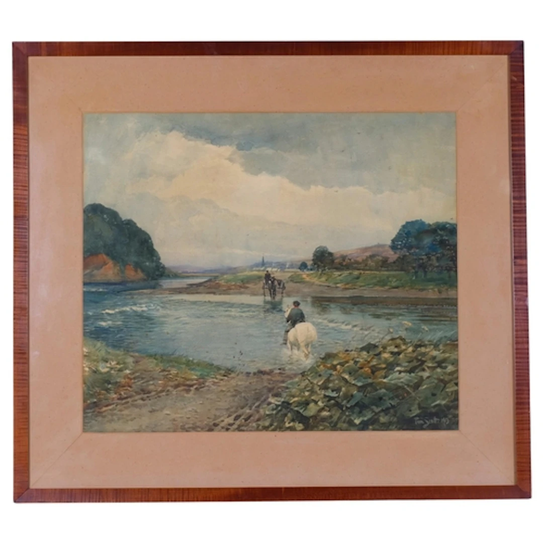 Tom Scott (1854 - 1927), Crossing The Ford, watercolour, 191...
