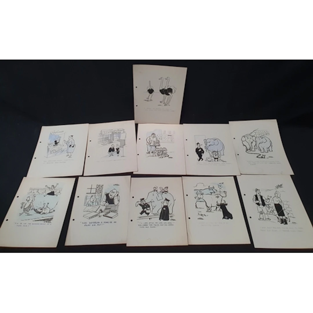 ELEVEN PEN AND INK ORIGINAL SINGLE-PANEL CARTOONS circa 1940...