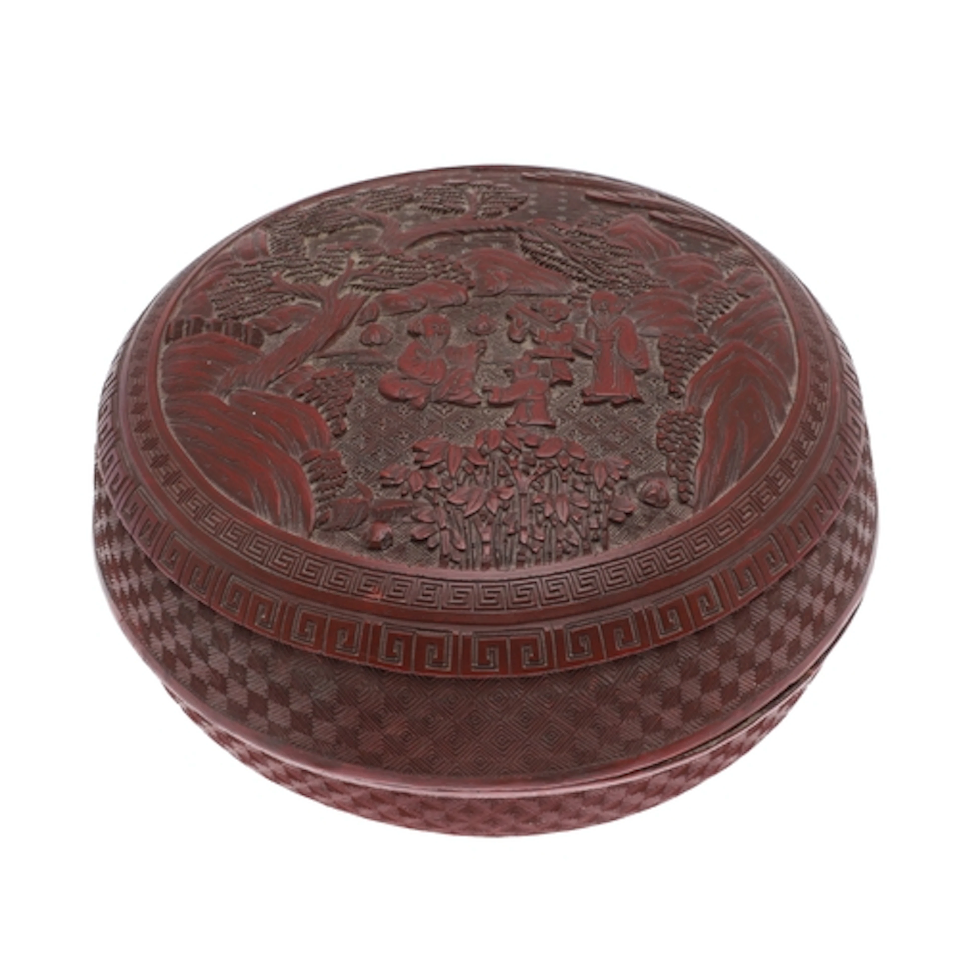 LARGE CHINESE CINNEBAR LACQUER BOX. With lid carved with a s...