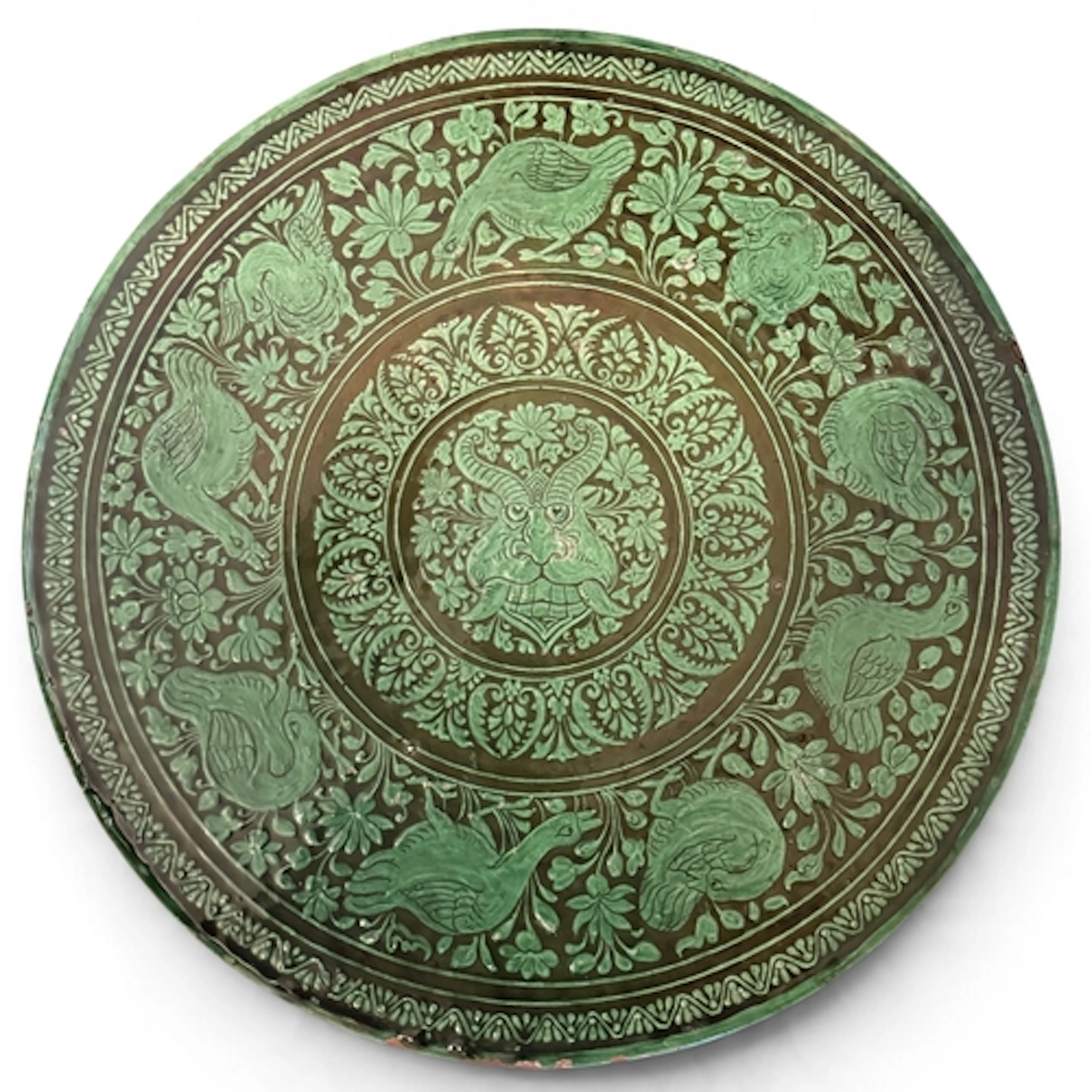 A LARGE INDIAN TERRACOTTA PLATTER WITH GREEN GLAZE Possibly ...