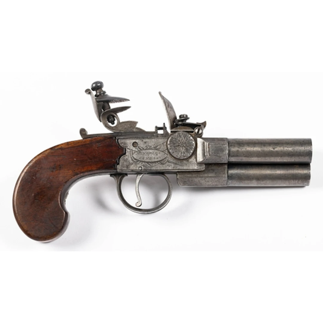 3 BARRELLED 80 BORE FLINTLOCK BOXLOCK TAP ACTION PISTOL, BY ...