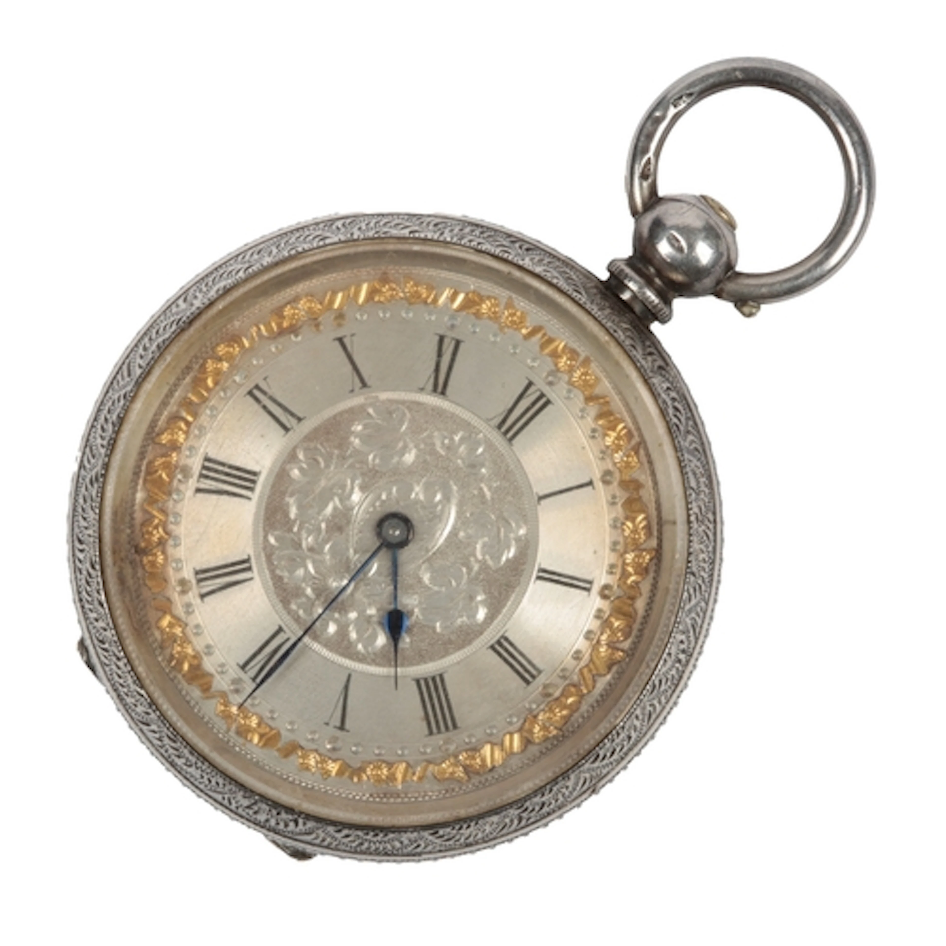A Swiss engraved 925 open faced fob watch, with Roman dial, ...