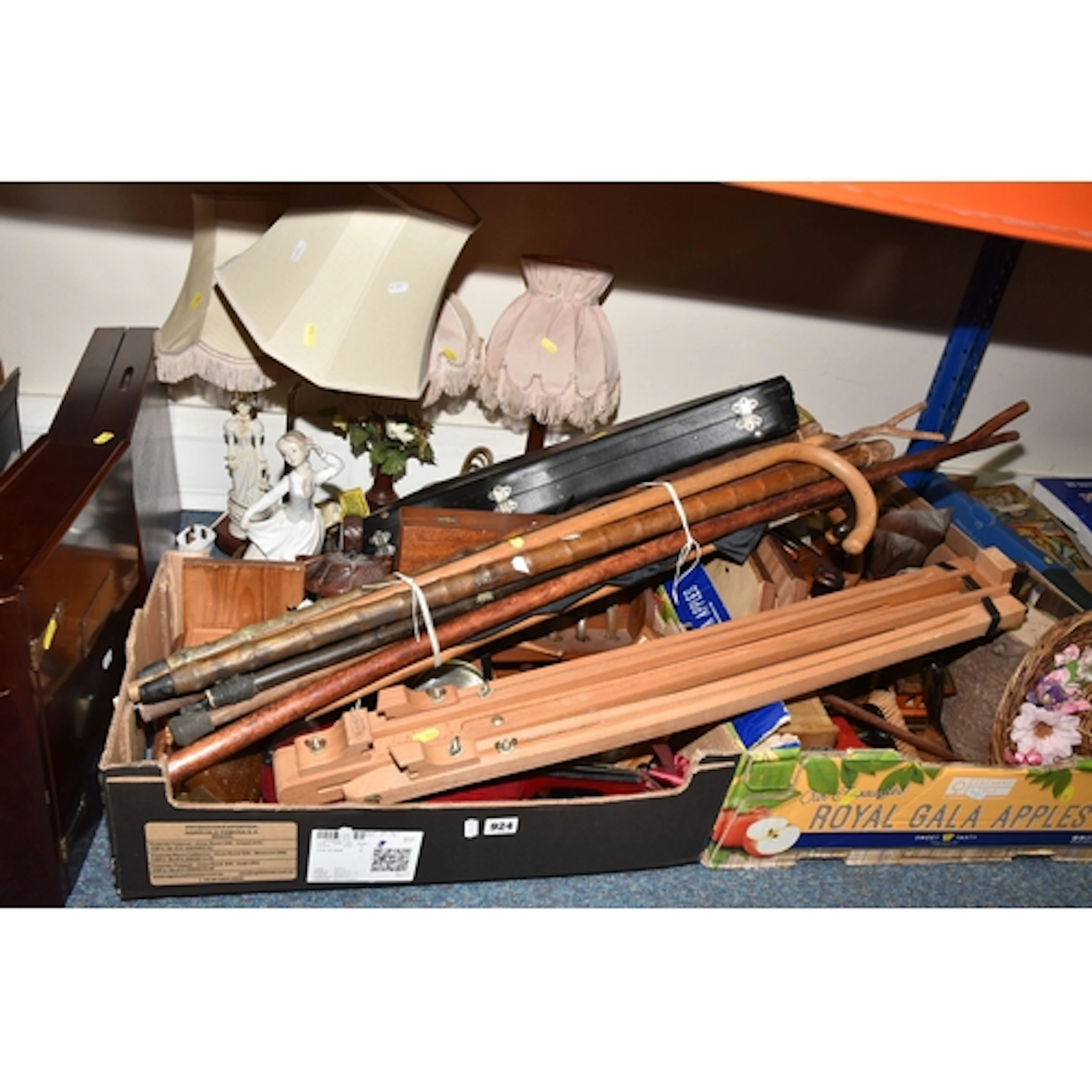 THREE BOXES AND LOOSE TREEN, VIOLIN, LAMPS AND SUNDRY ITEMS,...