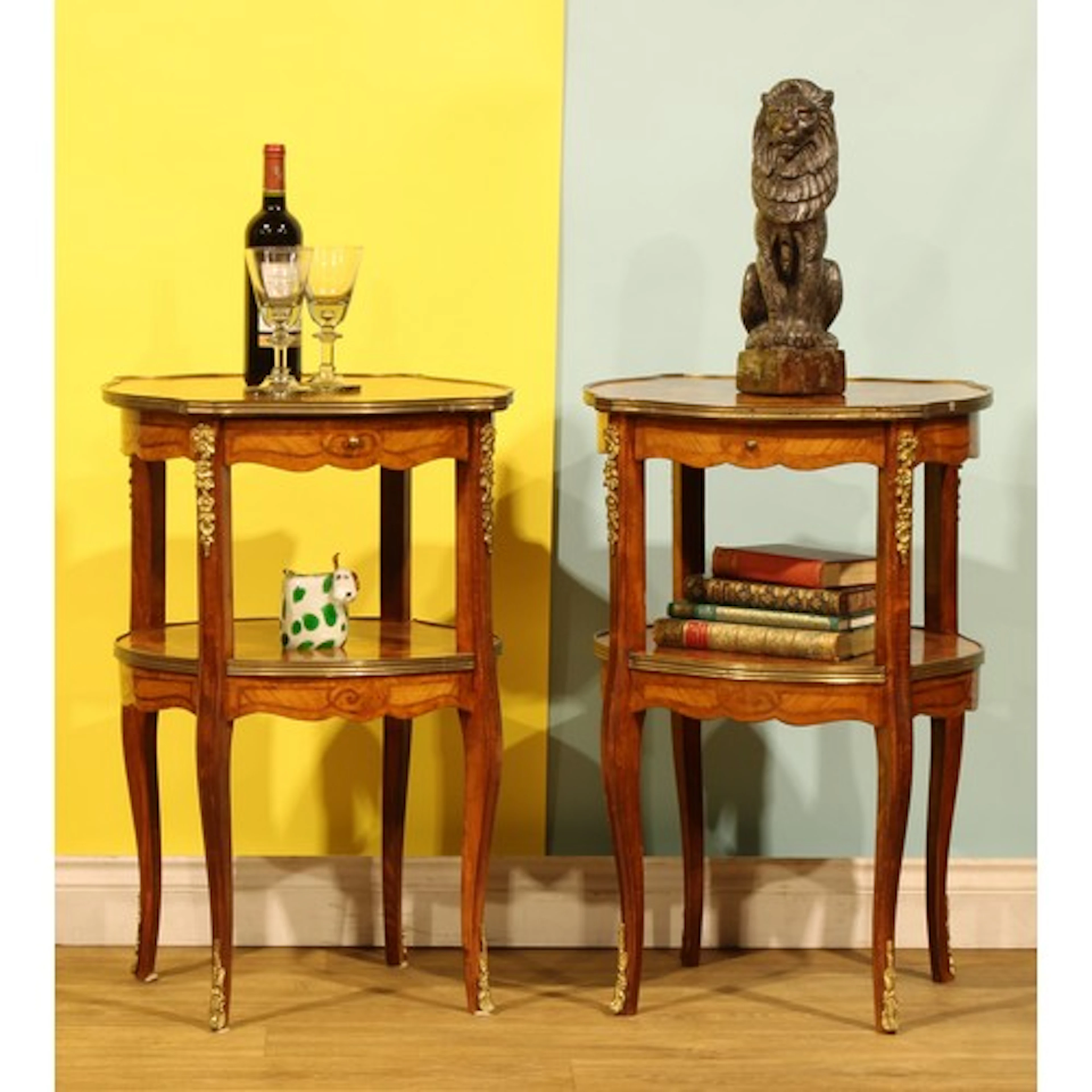 A pair of Louis XV style gilt metal mounted marquetry lamp t...