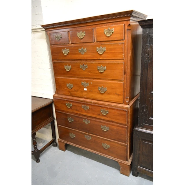 19th Century pine chest on chest, having moulded cornice abo...