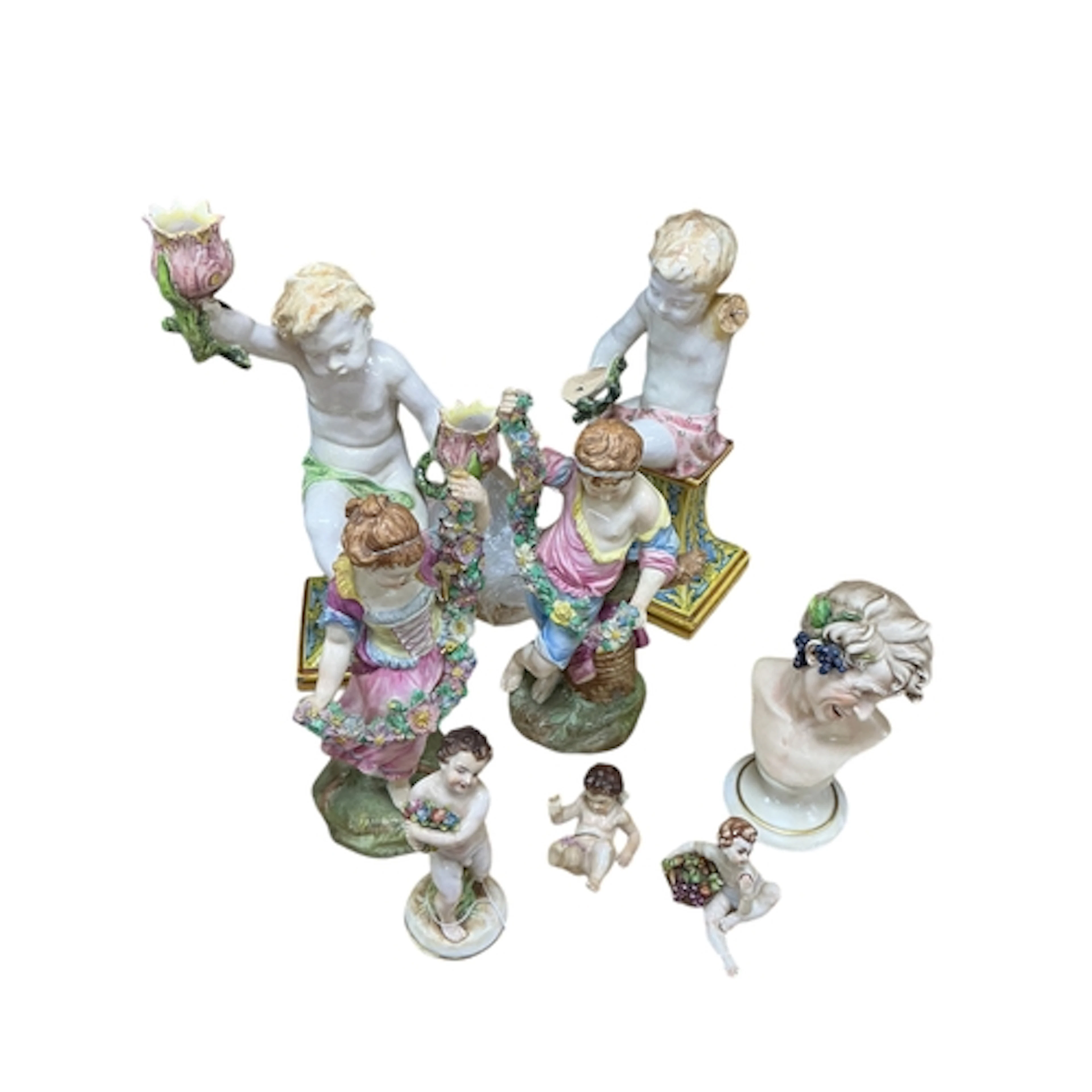 Pair of Cantigalli style Italian Majolica figural candlestic...