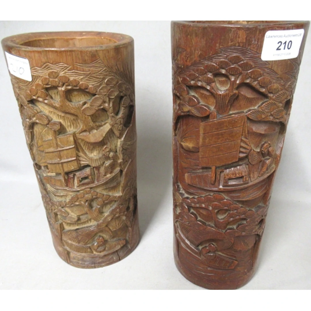 Pair of Chinese bamboo vases, carved with river scenes, 31cm...