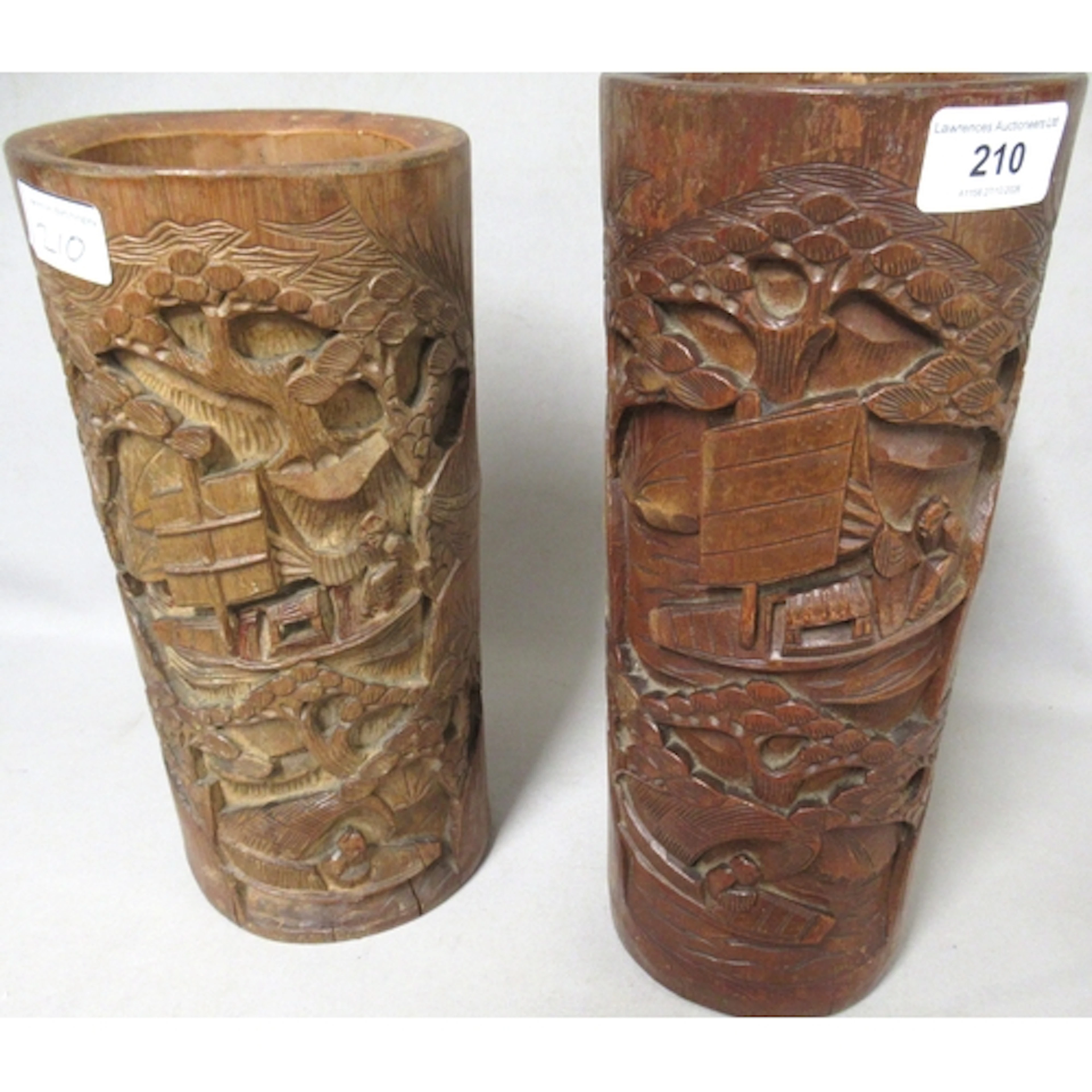 Pair of Chinese bamboo vases, carved with river scenes, 31cm...