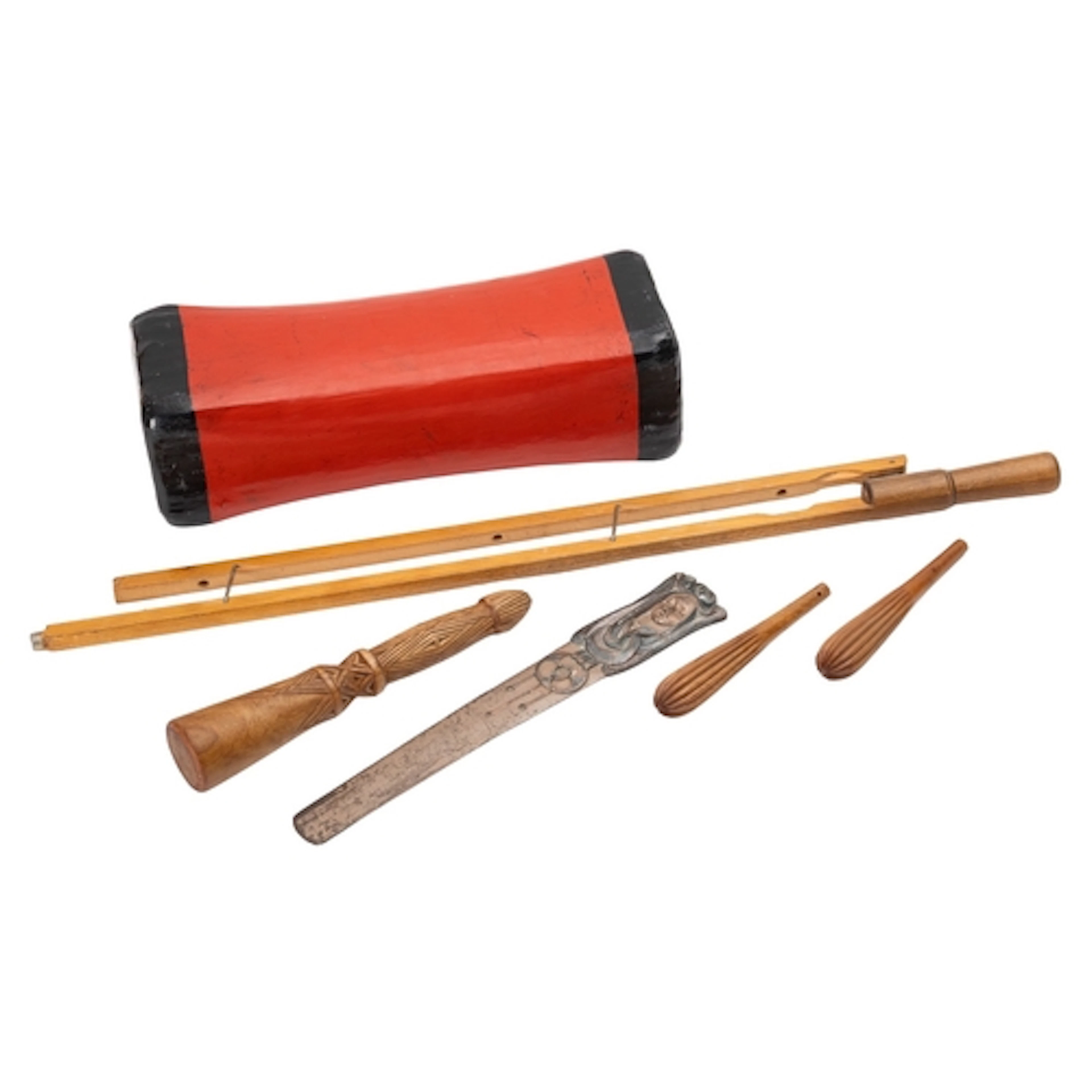 A small group of carved treen items, including a chip-carved...