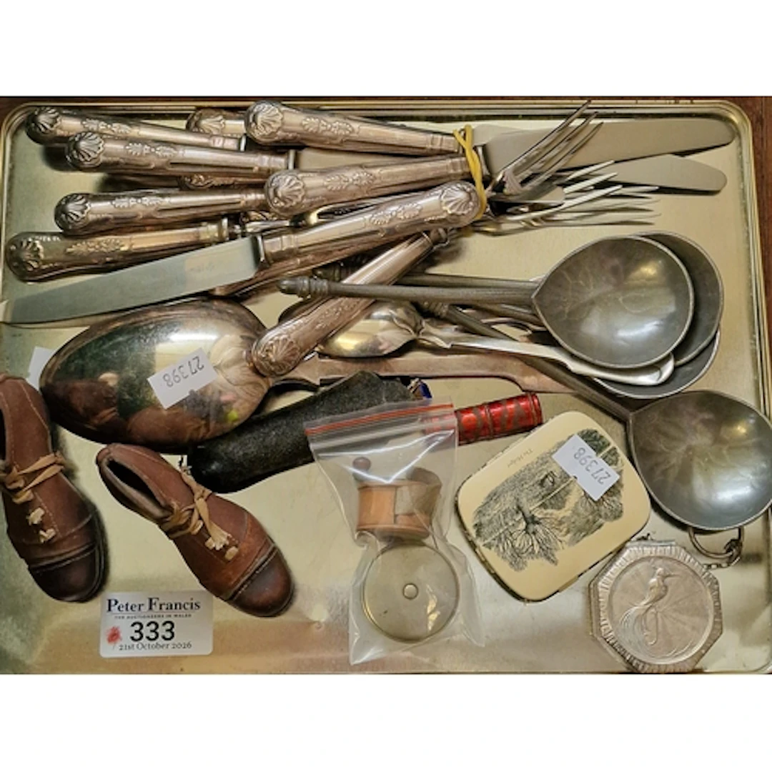 Tray of oddments to include: silver plated flatware, pair of...