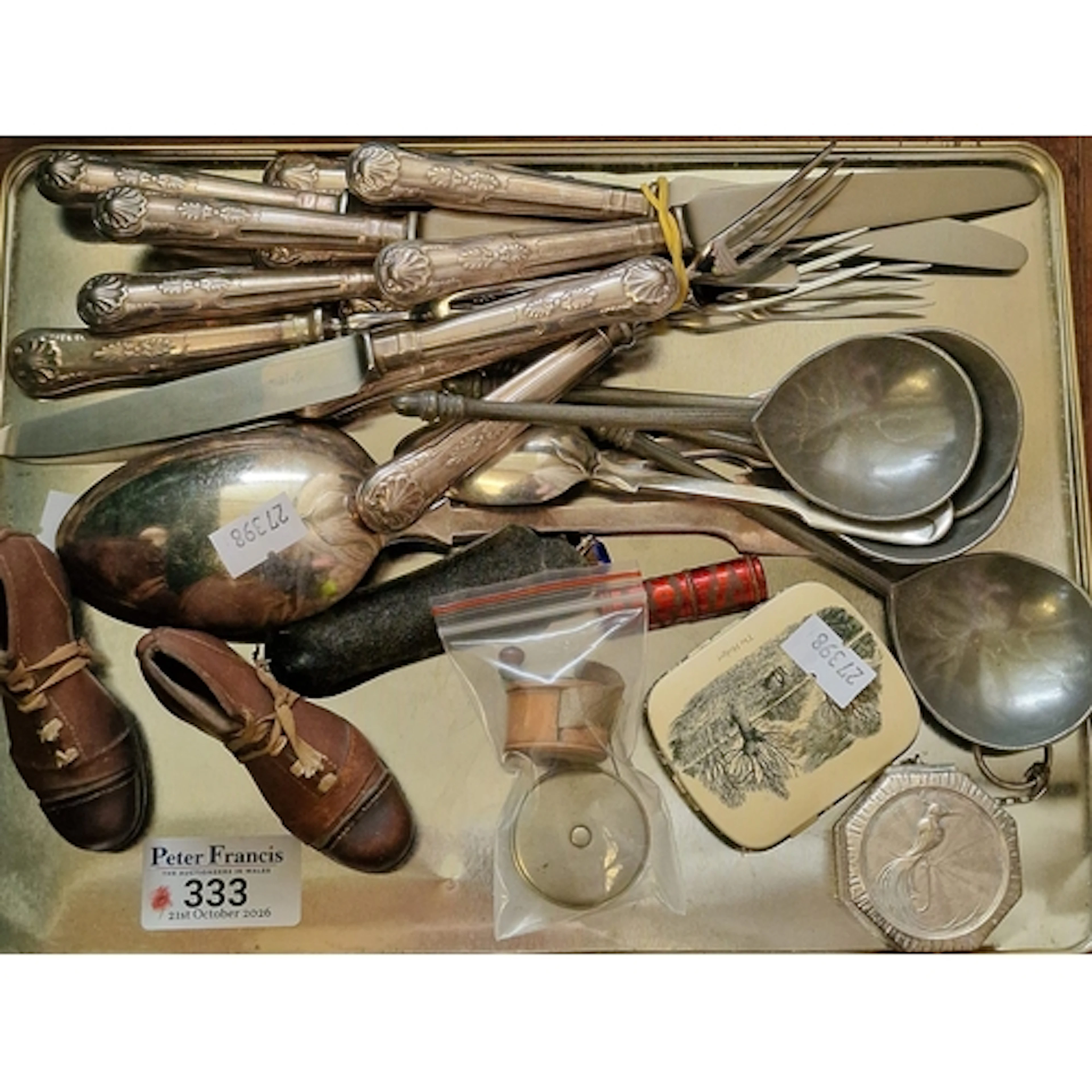 Tray of oddments to include: silver plated flatware, pair of...