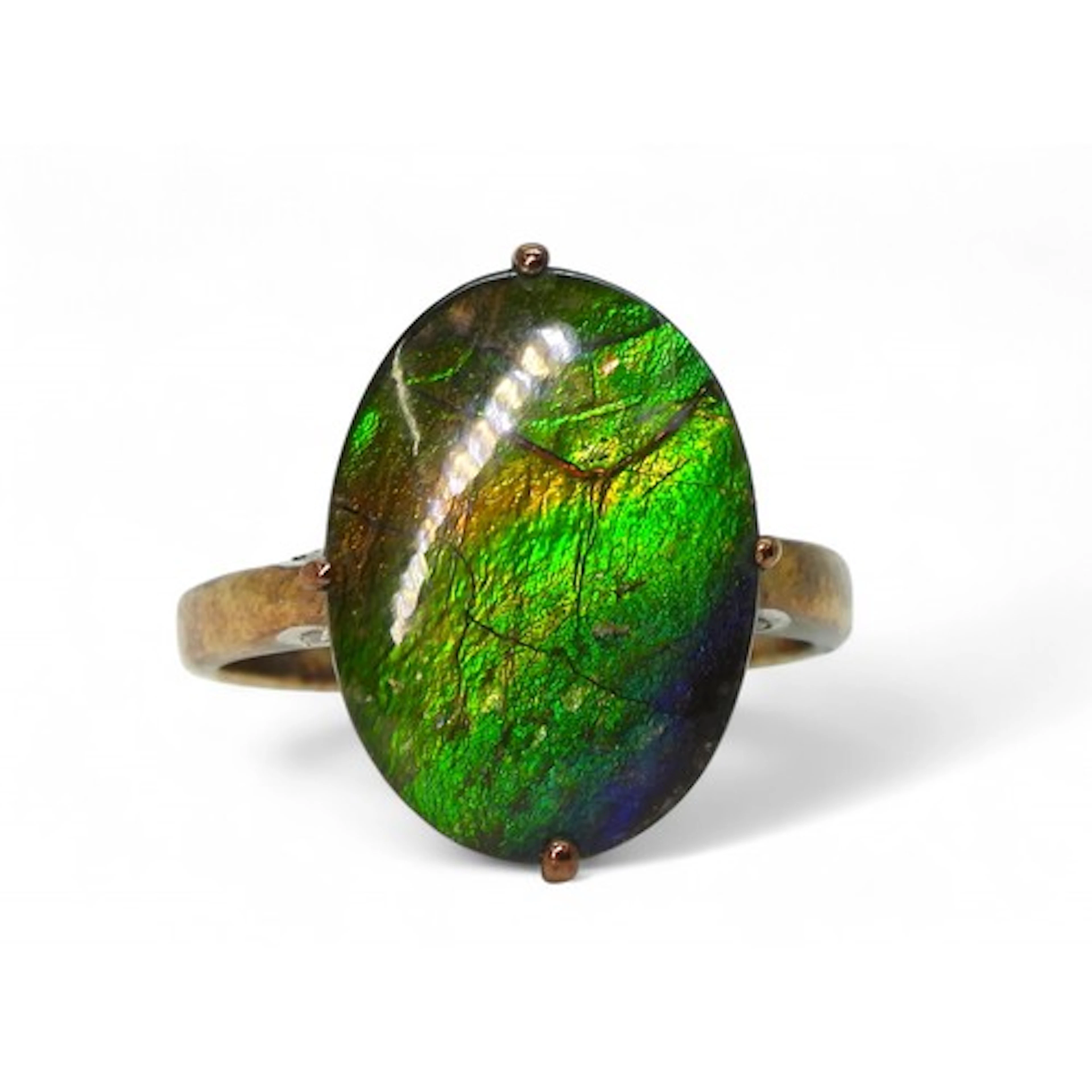 A 9ct gold large ammolite and diamond accent ring, size S, w...
