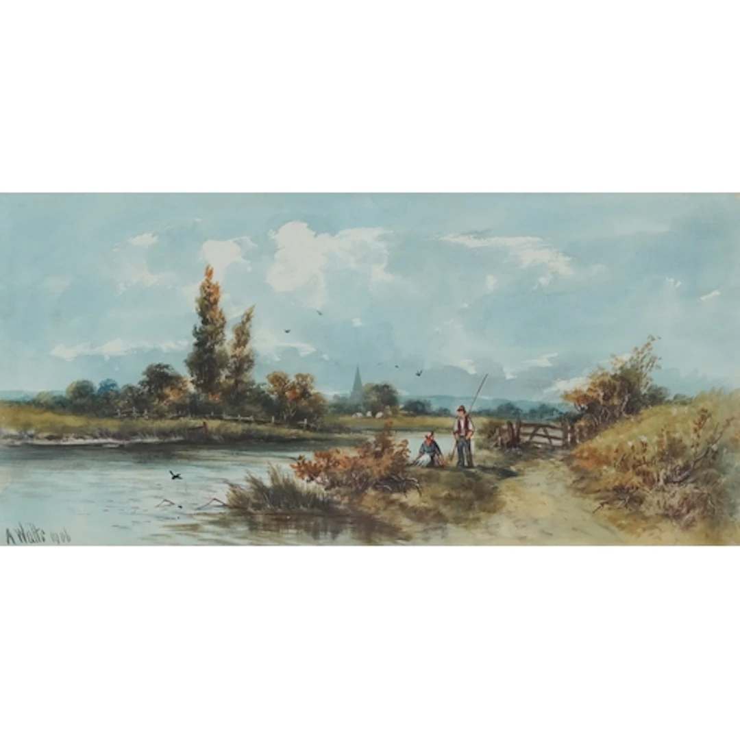 Alice J Watts - Figures on a riverbank, early 20th century w...