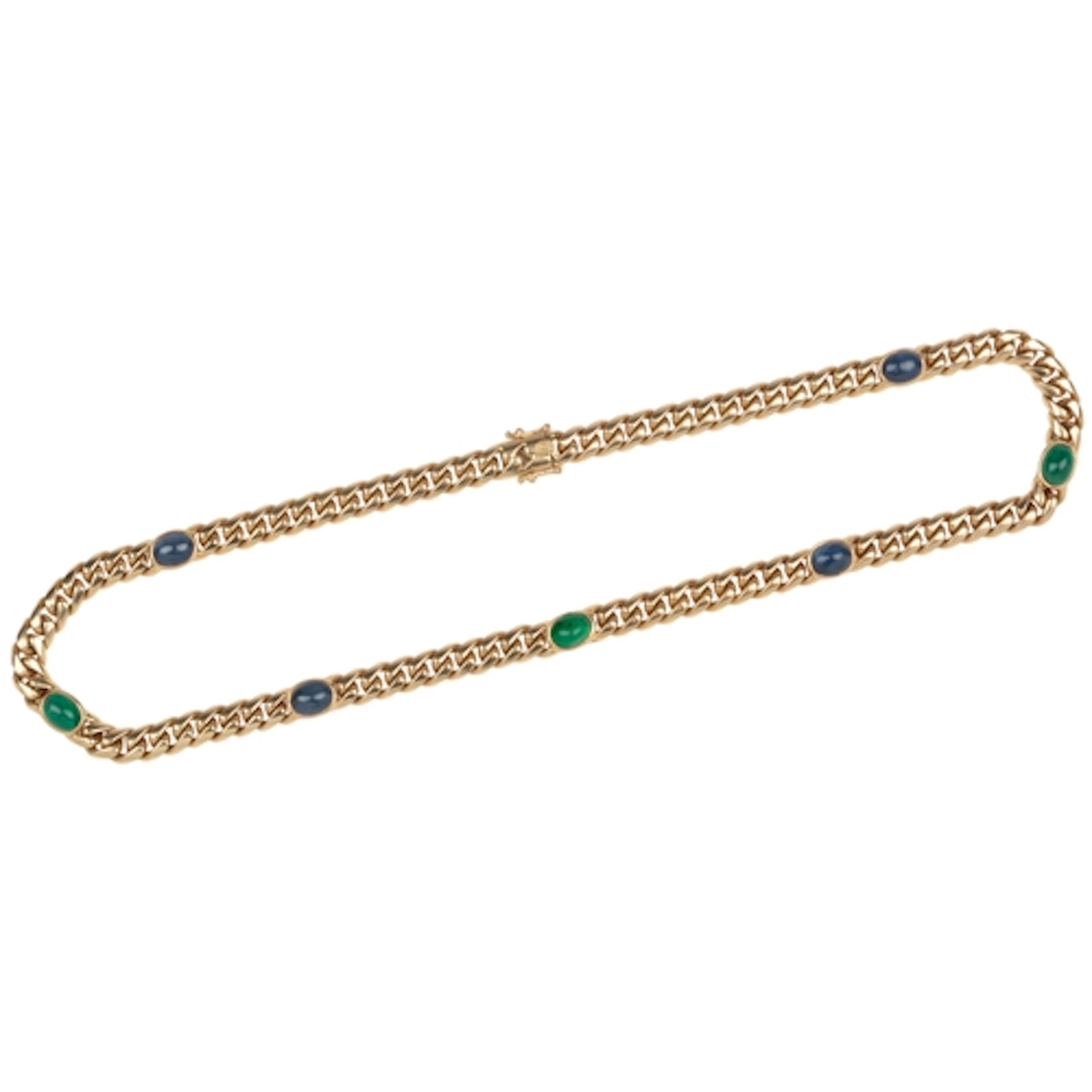 An 18ct gold, emerald and sapphire necklace, of curb linking...