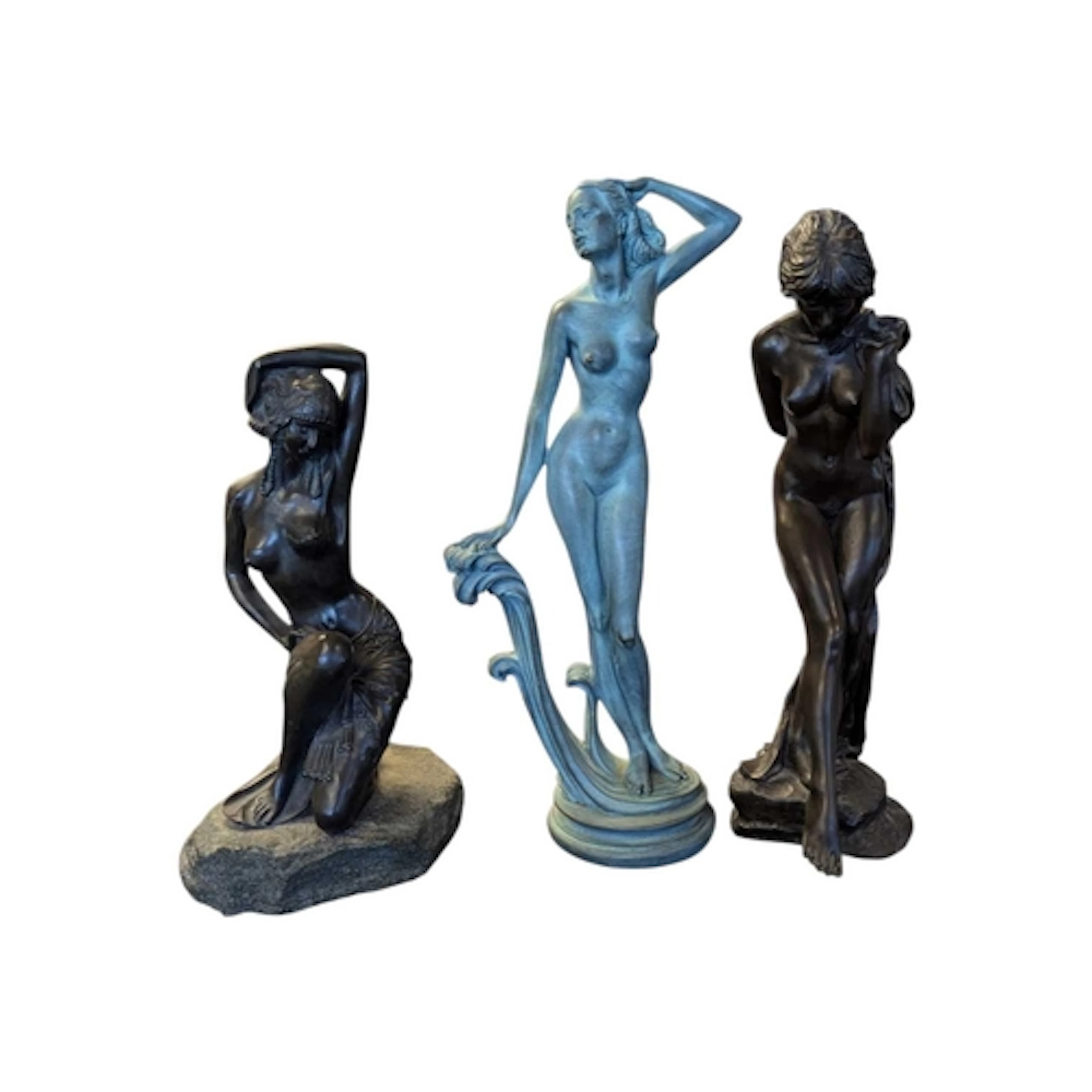 A collection of three 20th century bronzed resin nude female...