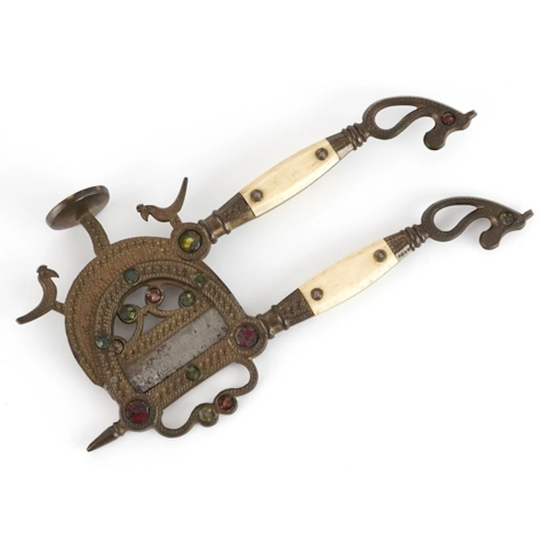 19th century Indian brass and bone betel nut cracker set wit...